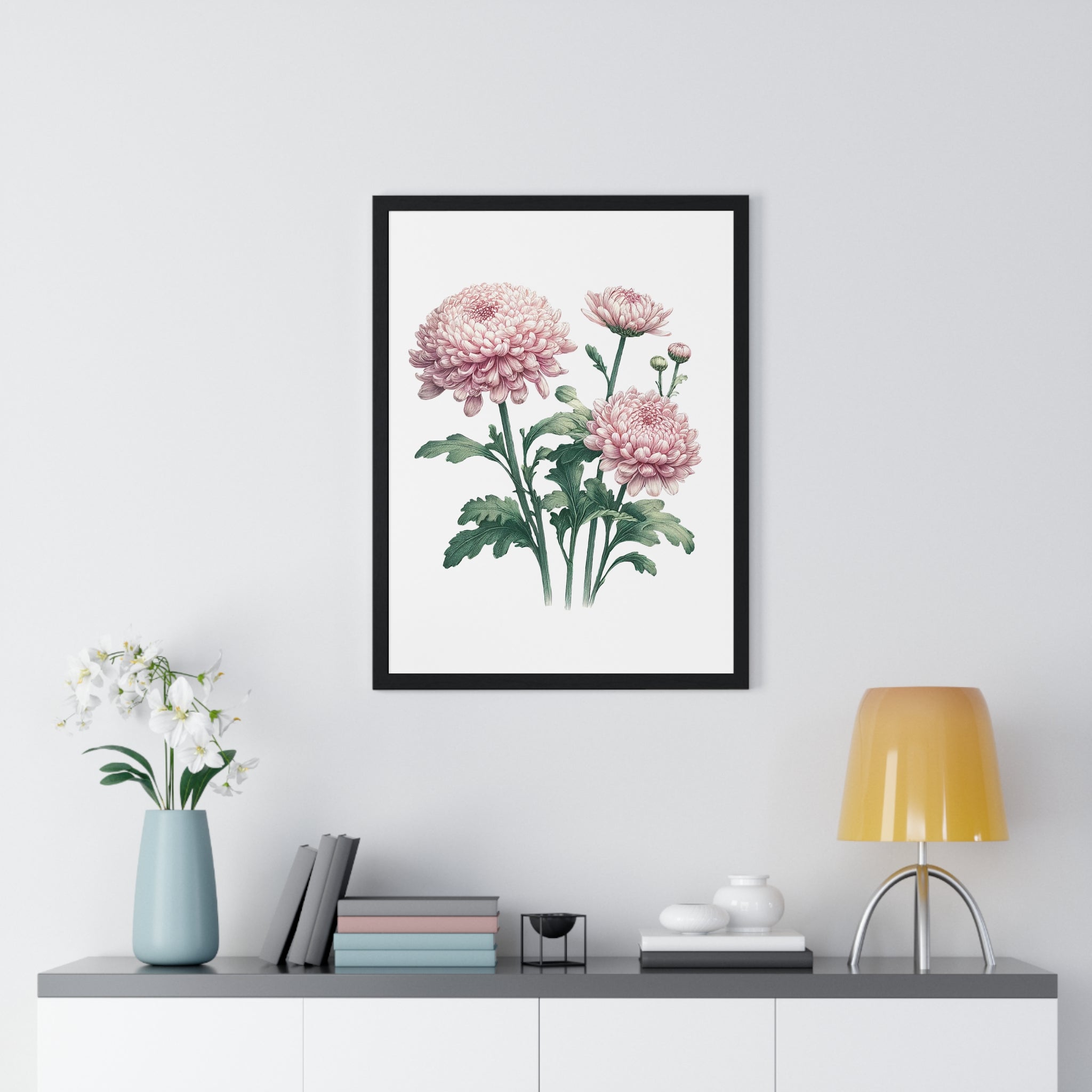 November Birth Month Flower Wall Art – Pink Chrysanthemum Illustration in Wooden Frame | Loyalty, Love & Joy