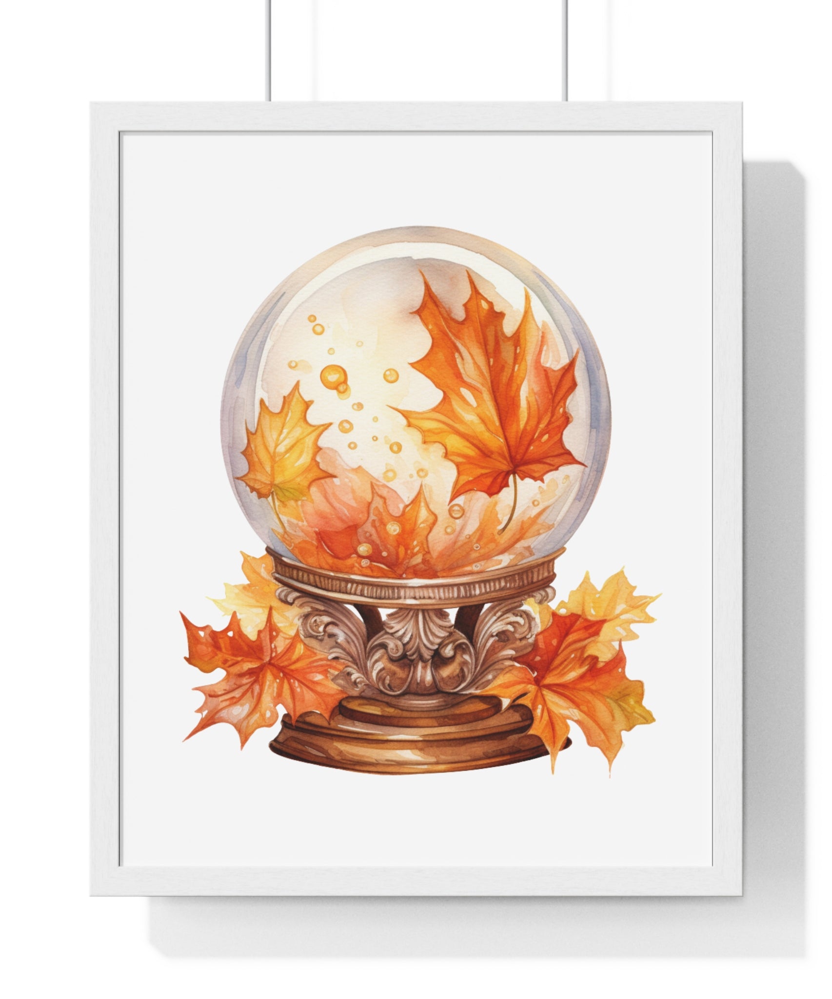 Floating Leaves Snow Globe Wall Art – Ornate Autumn Fantasy Poster | Wooden Frame Seasonal Home Decor