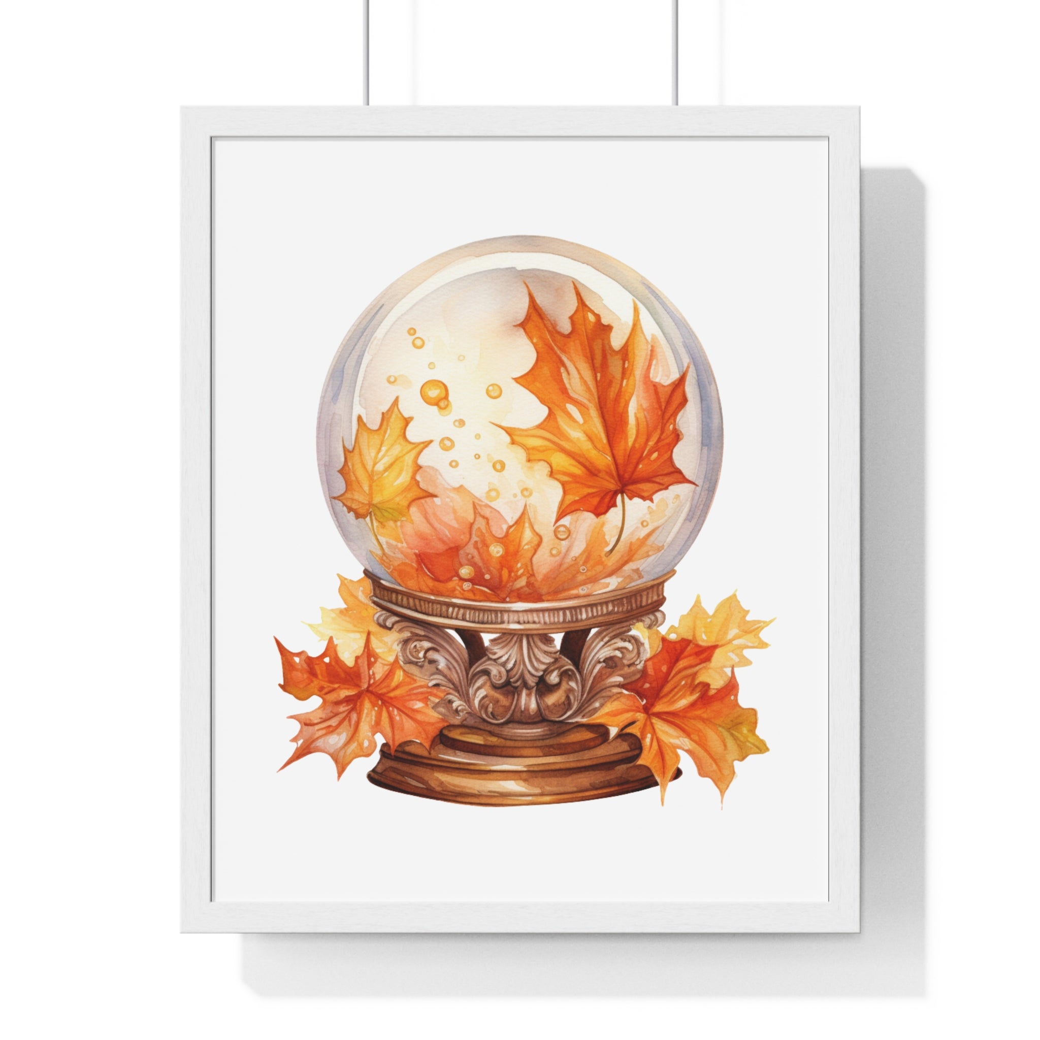 Floating Leaves Snow Globe Wall Art – Ornate Autumn Fantasy Poster | Wooden Frame Seasonal Home Decor