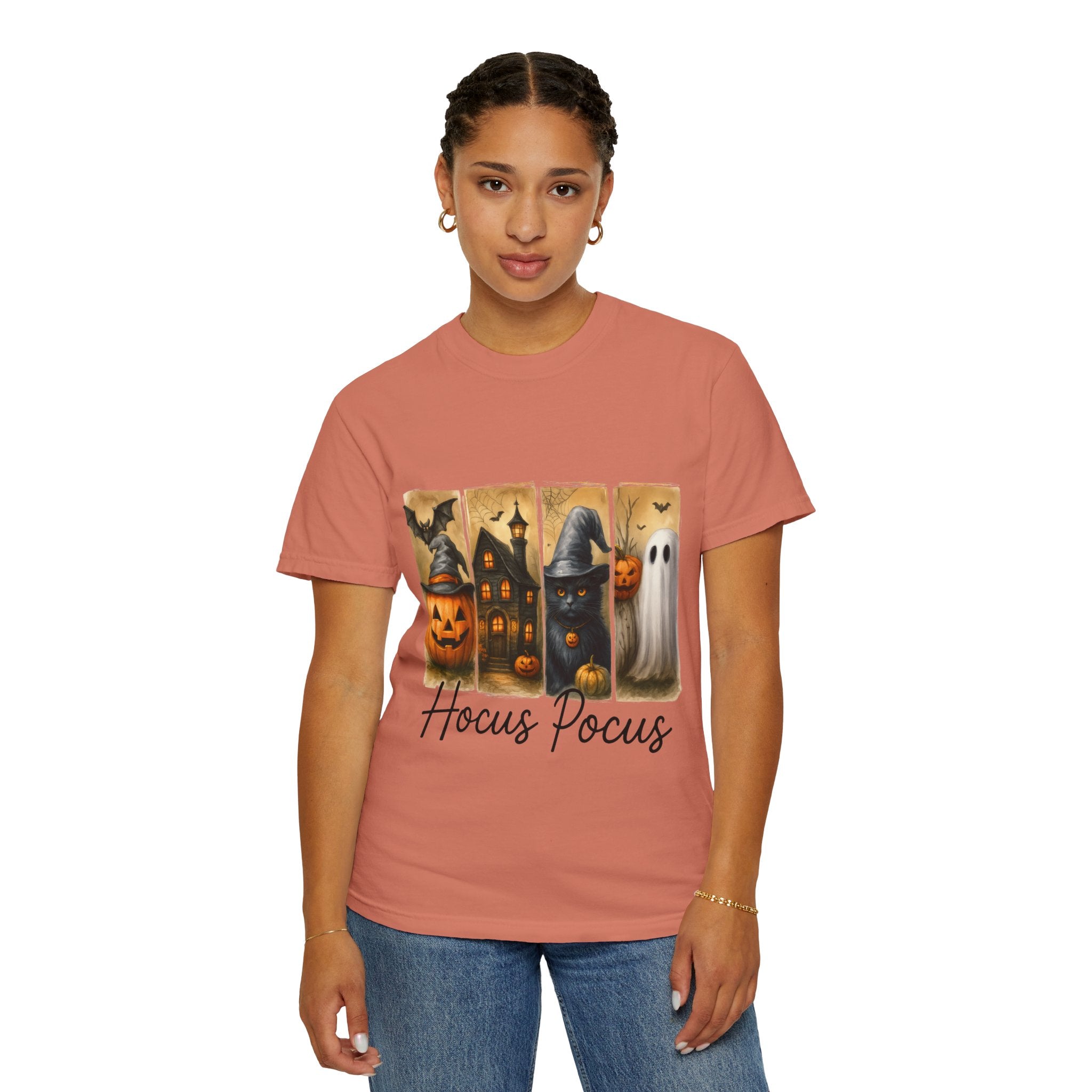 Hocus Pocus Halloween Unisex T-Shirt – Witchy Cat, Haunted House, Pumpkin & Ghost Art