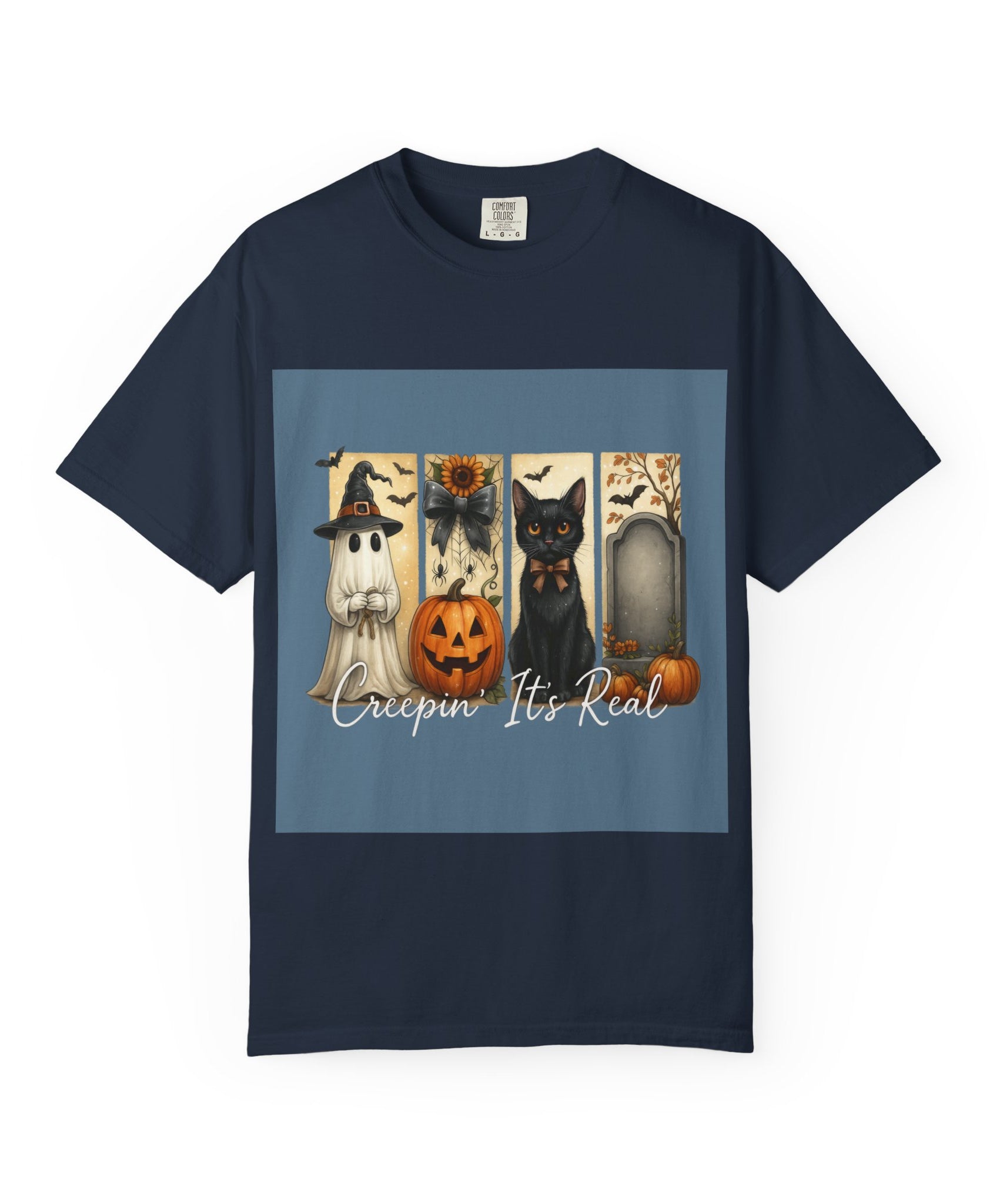 Creepin’ It’s Real Halloween T-Shirt – Cute Ghost, Pumpkin, Black Cat & Tombstone Design - Gallory Hive