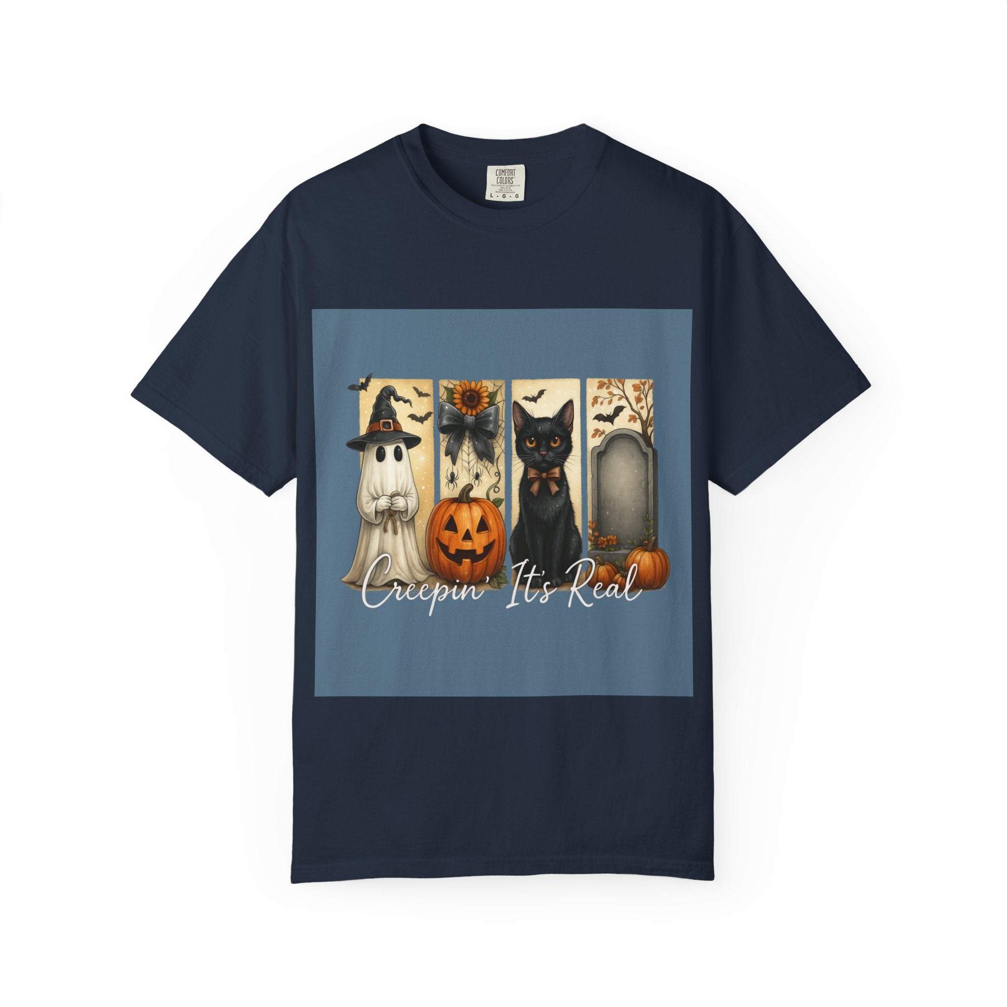 Creepin’ It’s Real Halloween T-Shirt – Cute Ghost, Pumpkin, Black Cat & Tombstone Design