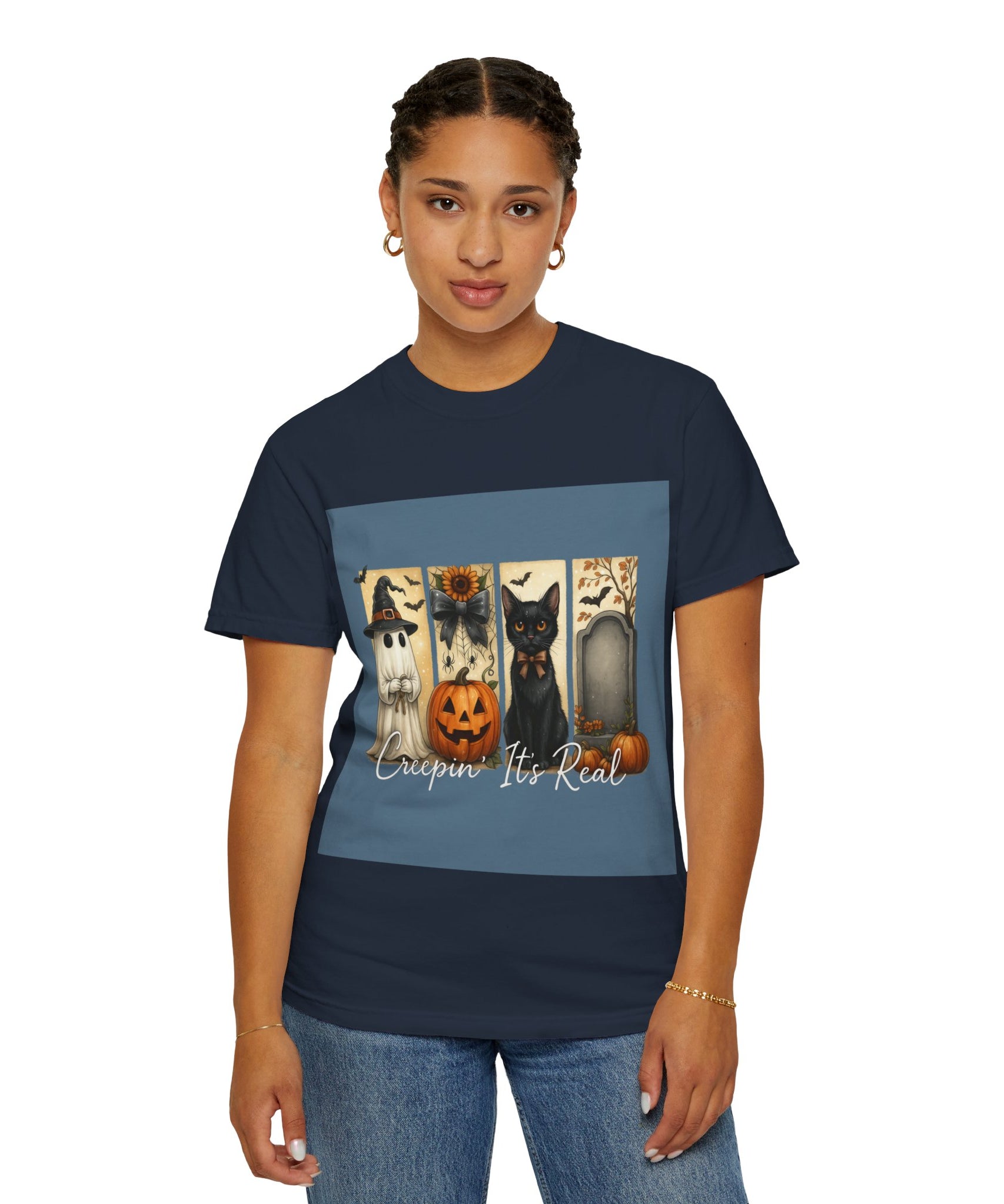 Creepin’ It’s Real Halloween T-Shirt – Cute Ghost, Pumpkin, Black Cat & Tombstone Design - Gallory Hive