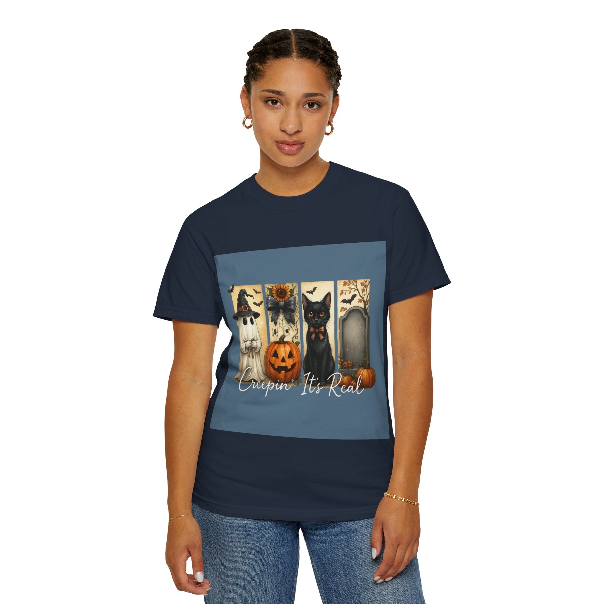 Creepin’ It’s Real Halloween T-Shirt – Cute Ghost, Pumpkin, Black Cat & Tombstone Design