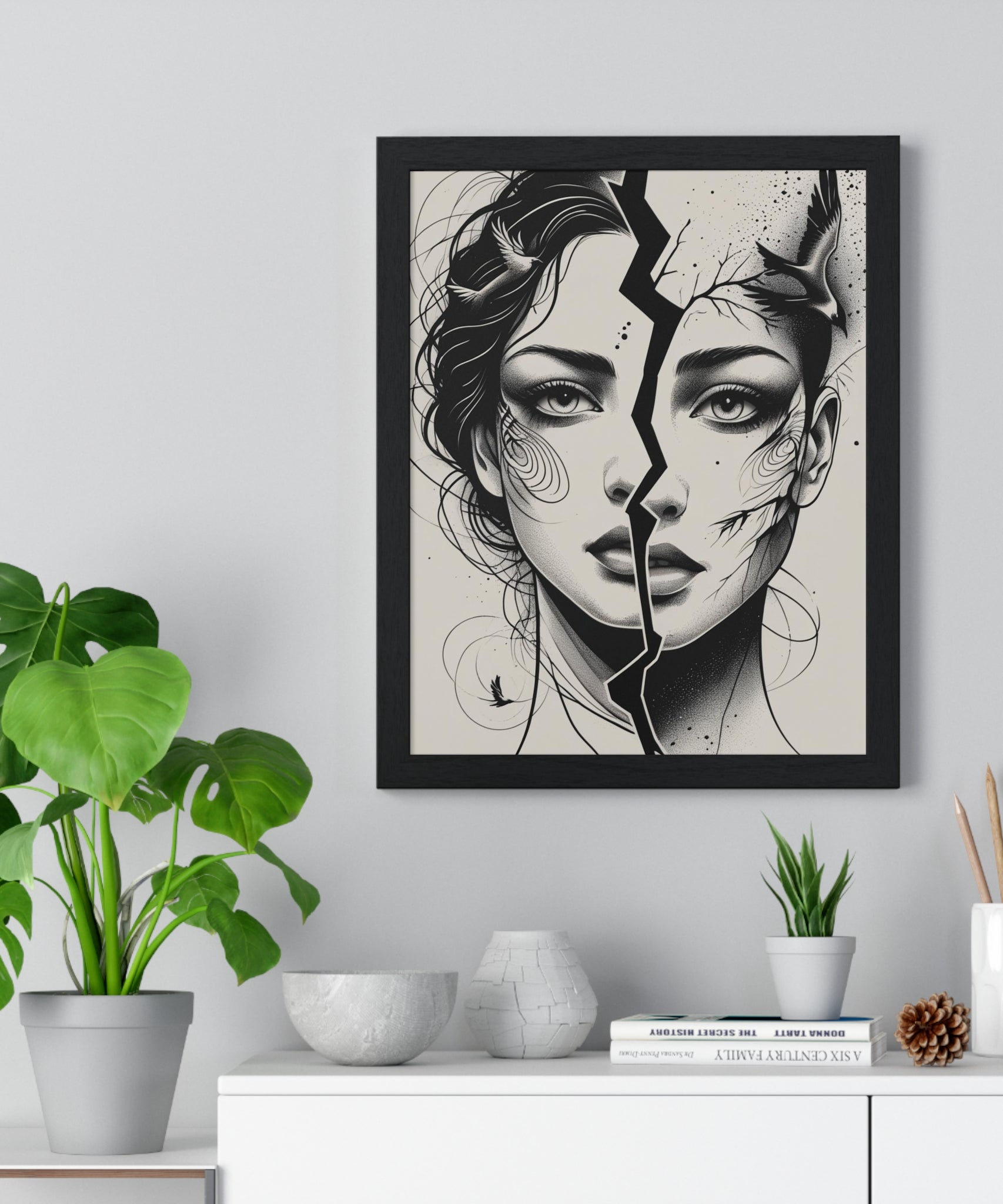 Vertical Framed Poster, Women Split Face Home Decor Art Modern Wall Unique Gift Inspirational Artwork, Wall Hanging Art Print - Gallory Hive