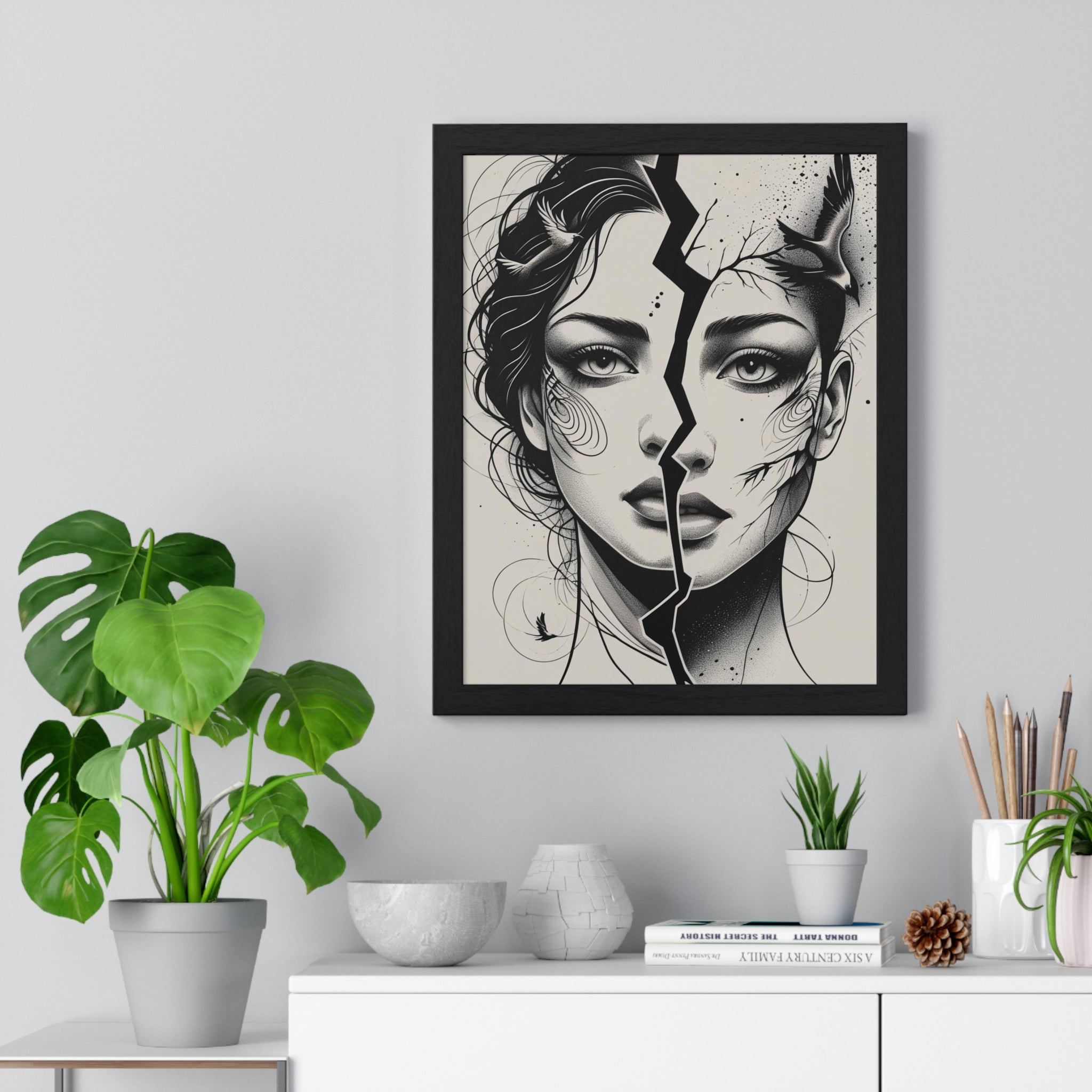 Vertical Framed Poster, Women Split Face Home Decor Art Modern Wall Unique Gift Inspirational Artwork, Wall Hanging Art Print