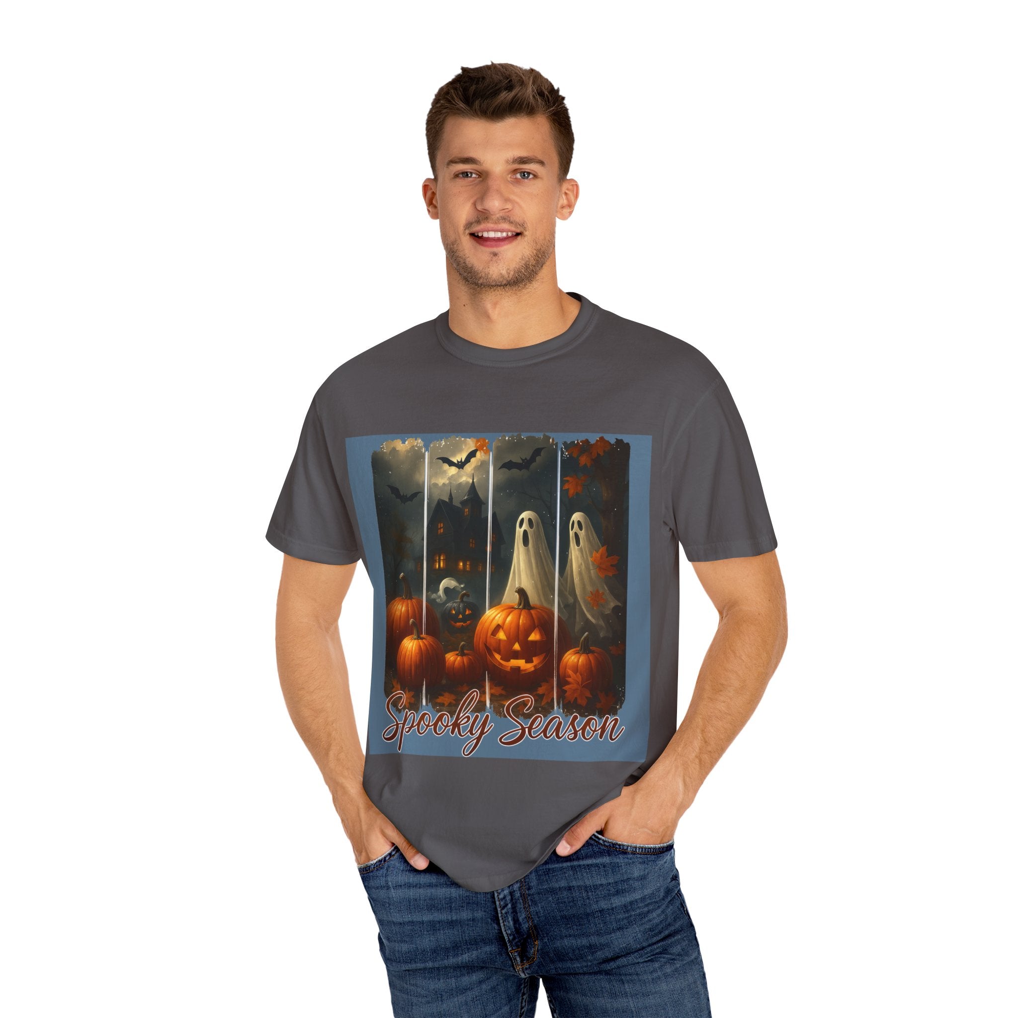 Spooky Season Unisex Halloween T-Shirt – Haunted House, Pumpkins & Ghosts Fall Design