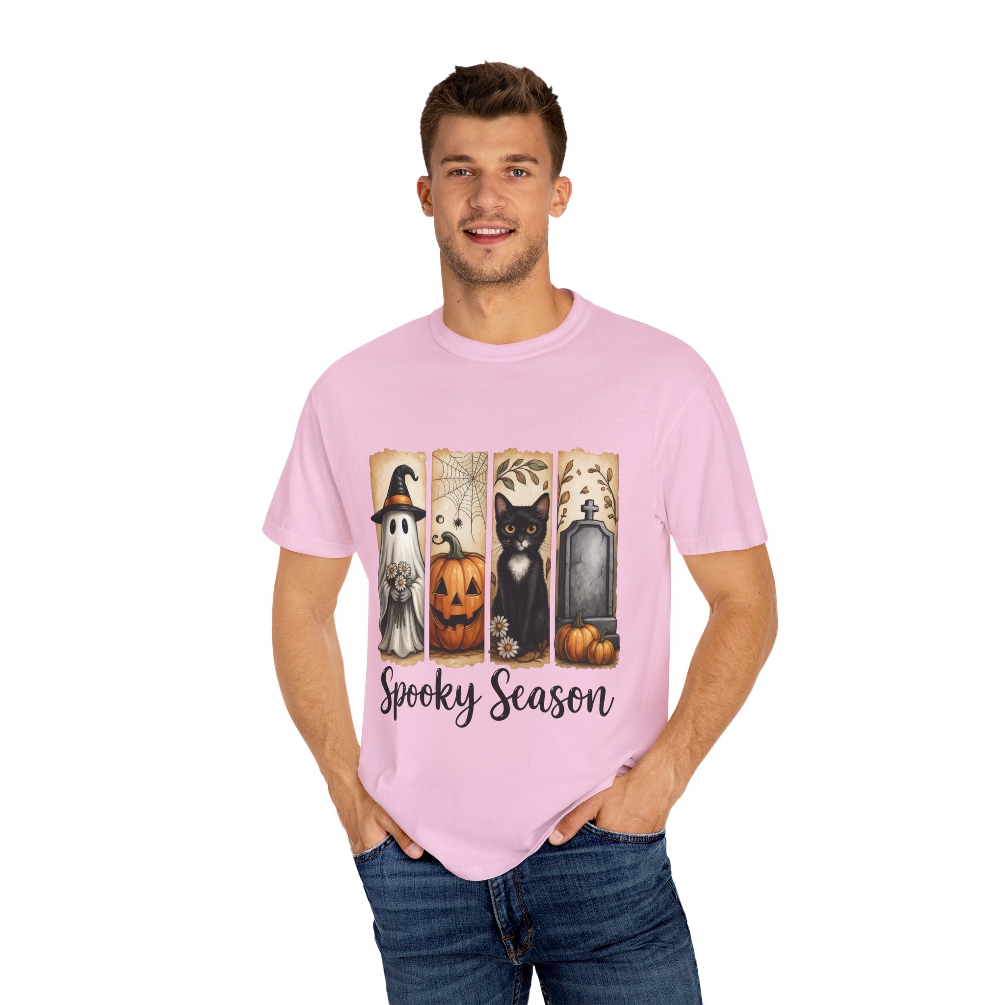 Spooky Season Halloween Unisex T-Shirt – Ghost, Cat & Pumpkin Design - Gallory Hive