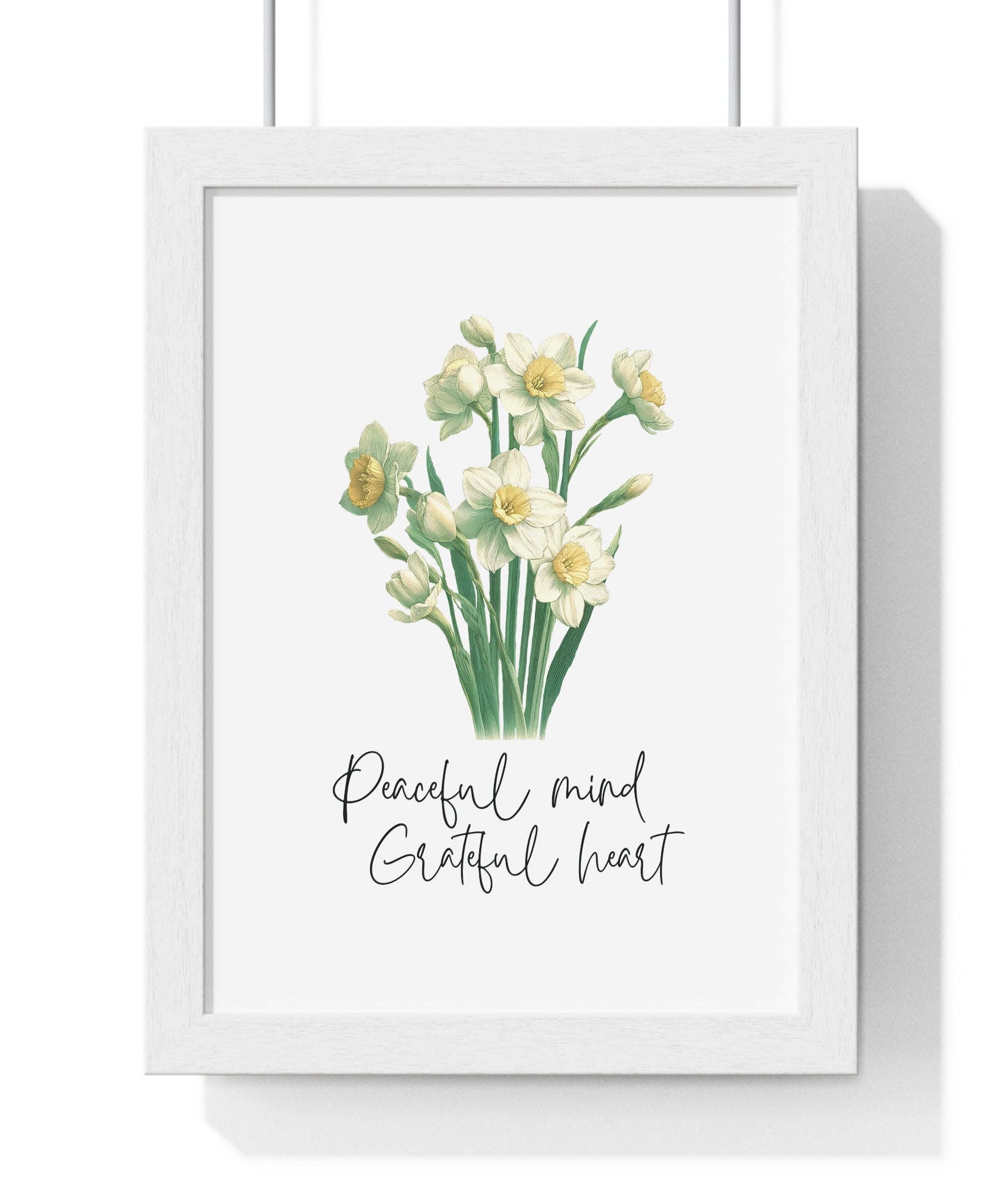 December Birth Month Flower Wall Art – Narcissus Illustration with Inspirational Quote in Wooden Frame | Peaceful Mind & Grateful Heart