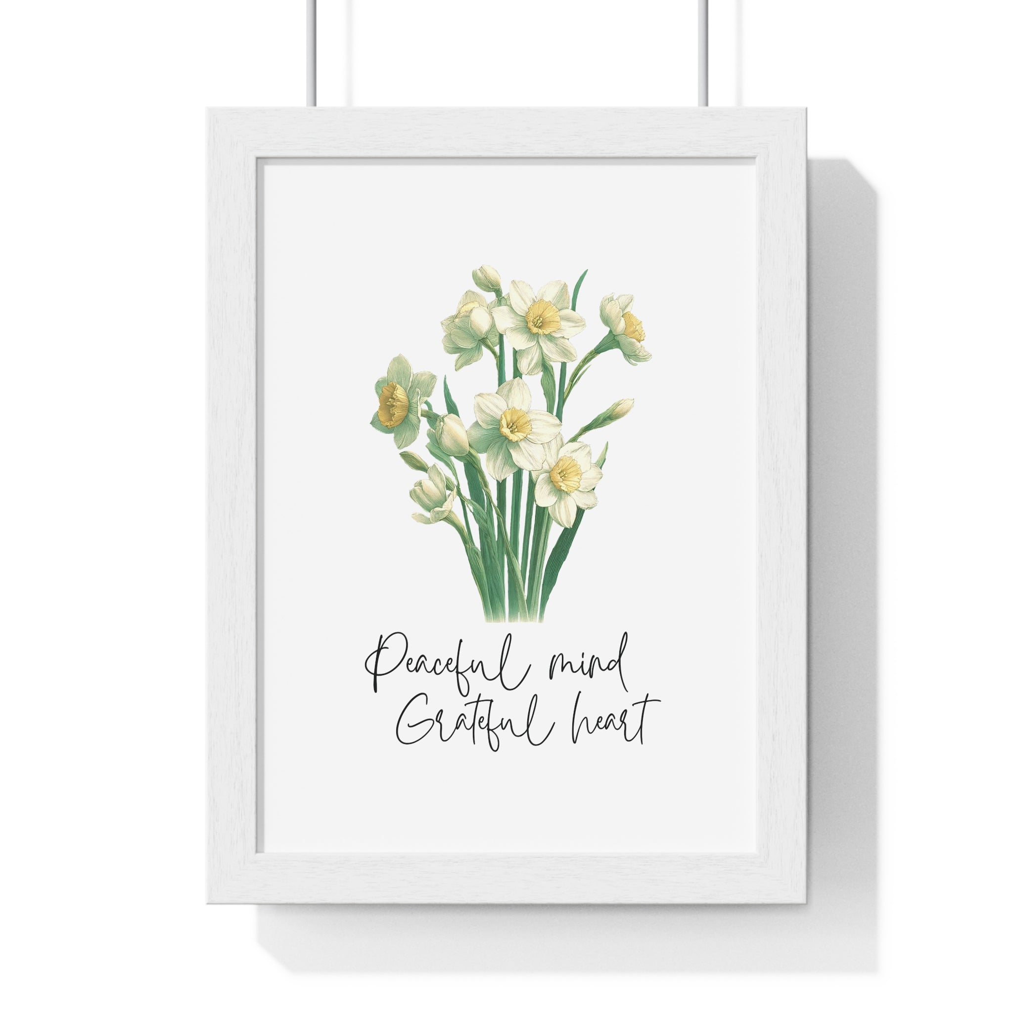 December Birth Month Flower Wall Art – Narcissus Illustration with Inspirational Quote in Wooden Frame | Peaceful Mind & Grateful Heart