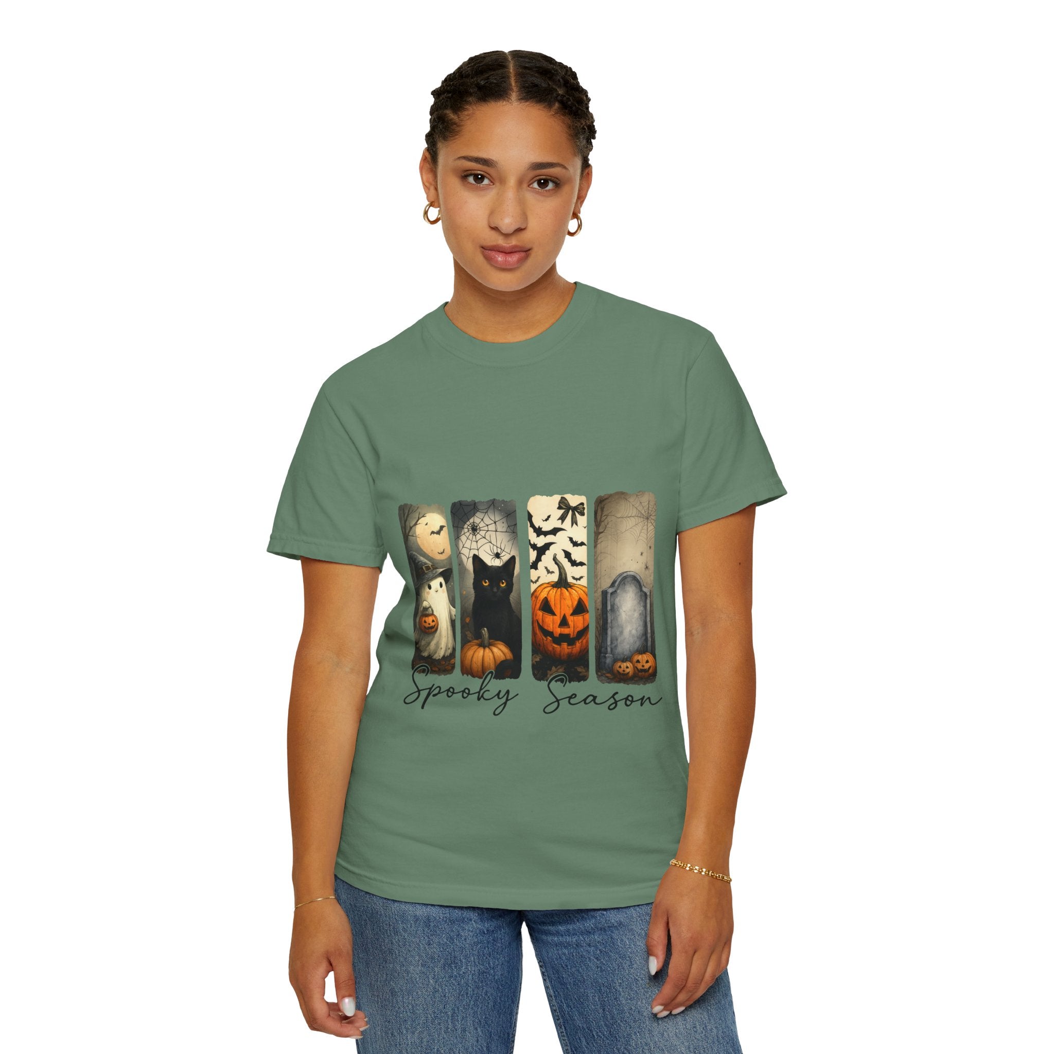 Halloween Night Unisex T-Shirt – Ghost, Black Cat, Pumpkin & Tombstone Vintage Art