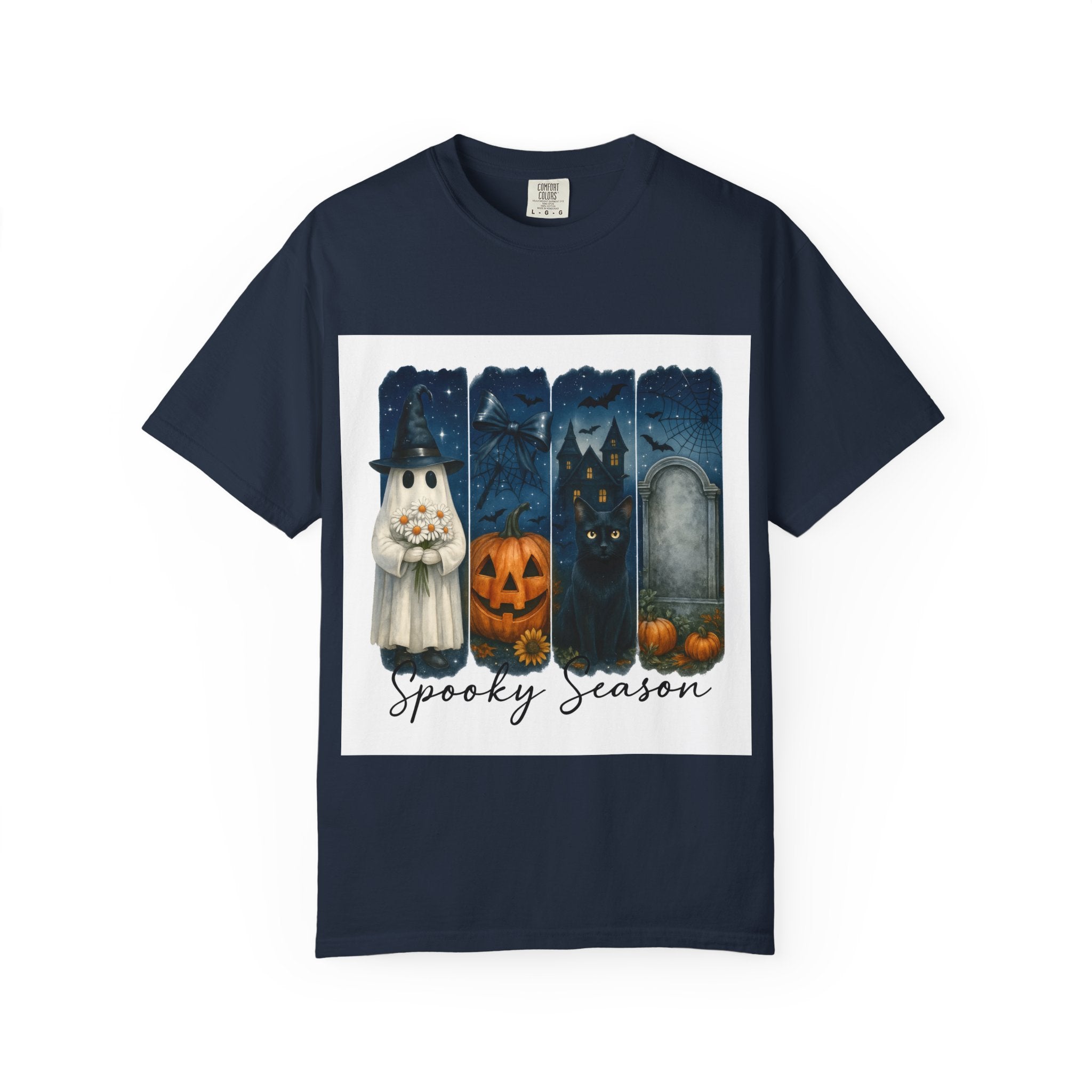 Spooky Season Halloween T-Shirt – Ghost, Black Cat, Pumpkin & Haunted House Design