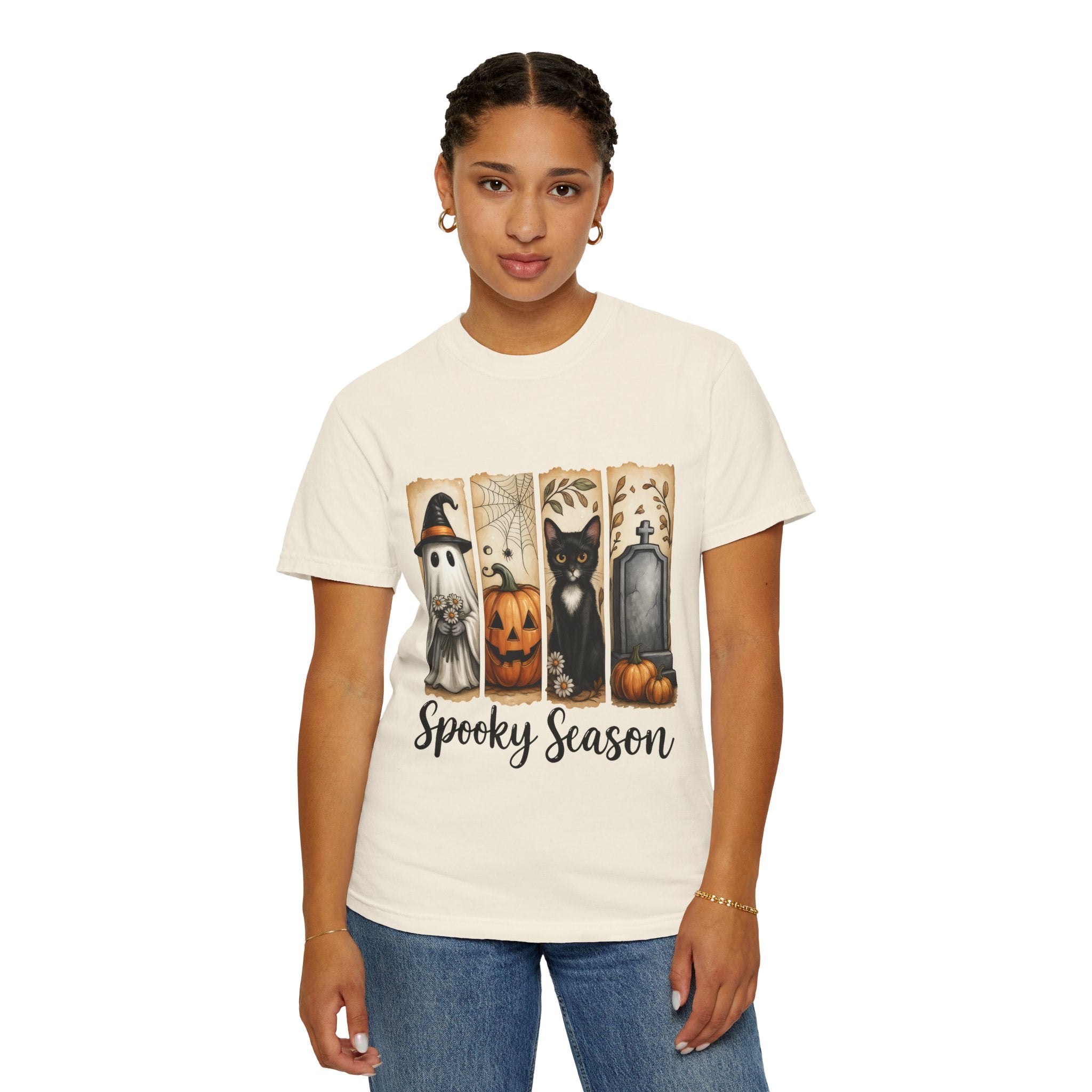 Spooky Season Halloween Unisex T-Shirt – Ghost, Cat & Pumpkin Design