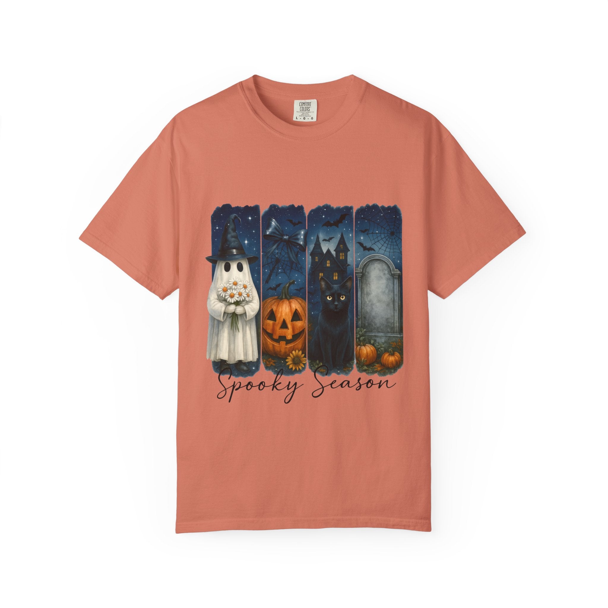 Spooky Season Halloween T-Shirt – Ghost, Black Cat, Pumpkin & Haunted House Design