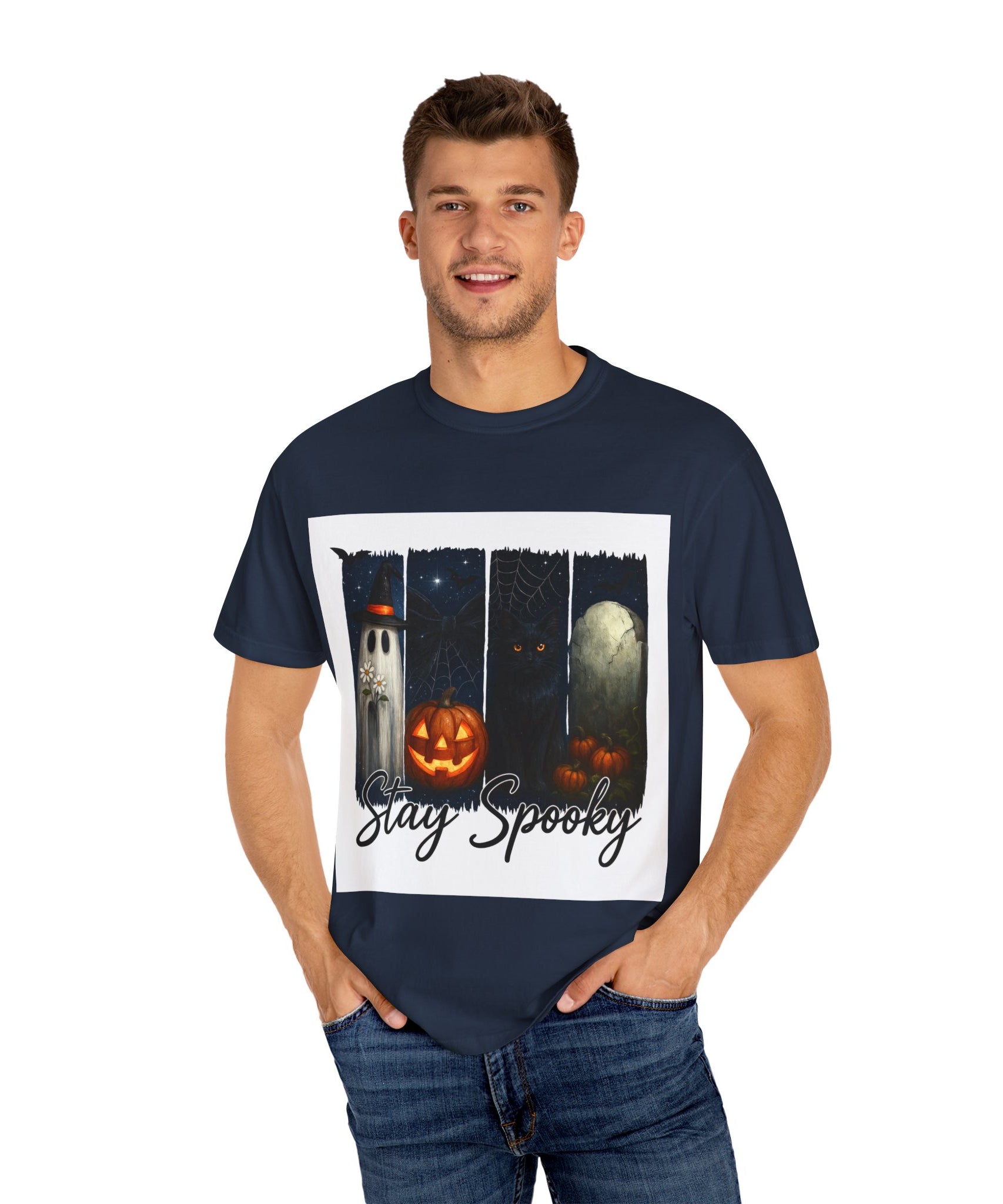 Stay Spooky Halloween T-Shirt – Cute Ghost, Black Cat, Pumpkin & Graveyard Design - Gallory Hive