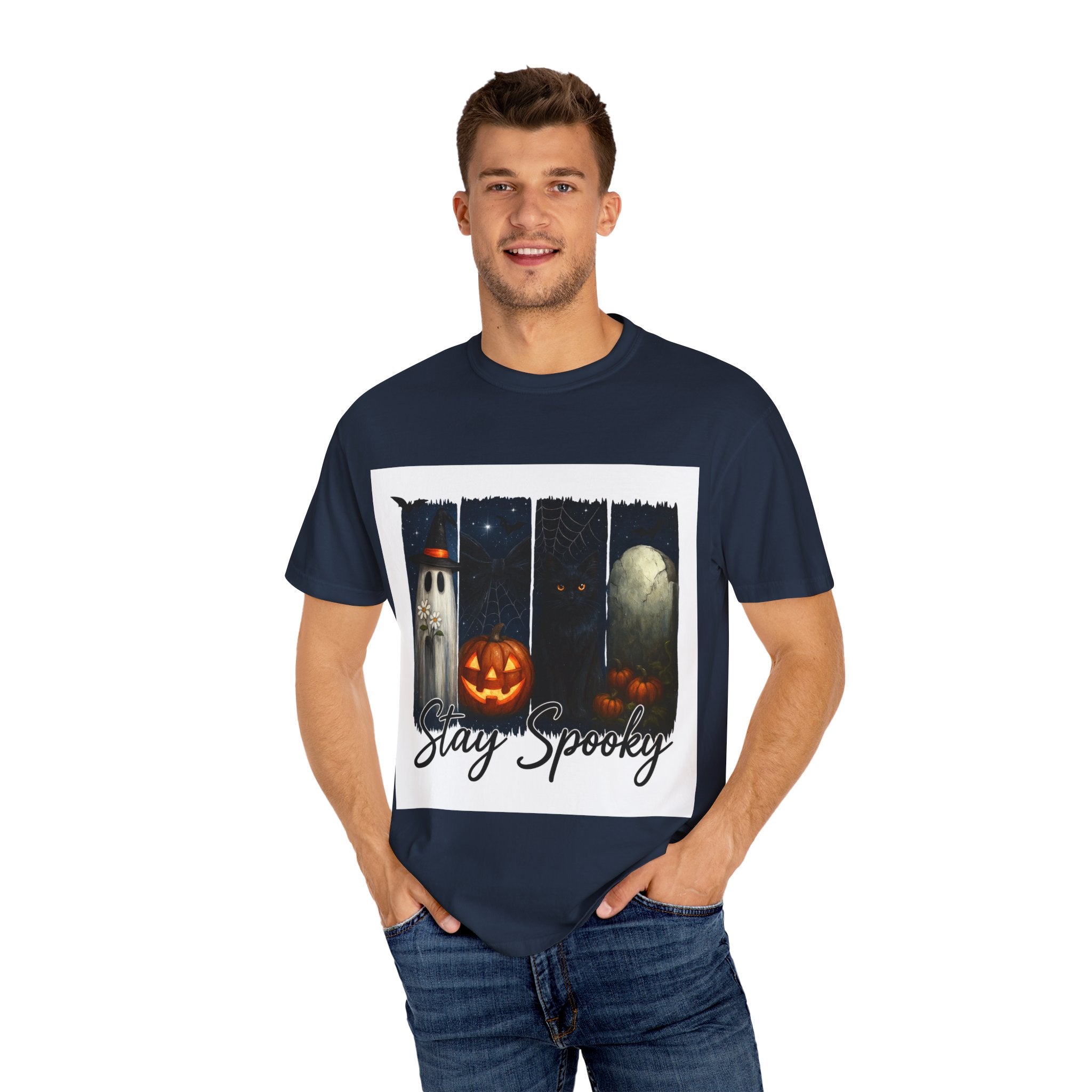Stay Spooky Halloween T-Shirt – Cute Ghost, Black Cat, Pumpkin & Graveyard Design