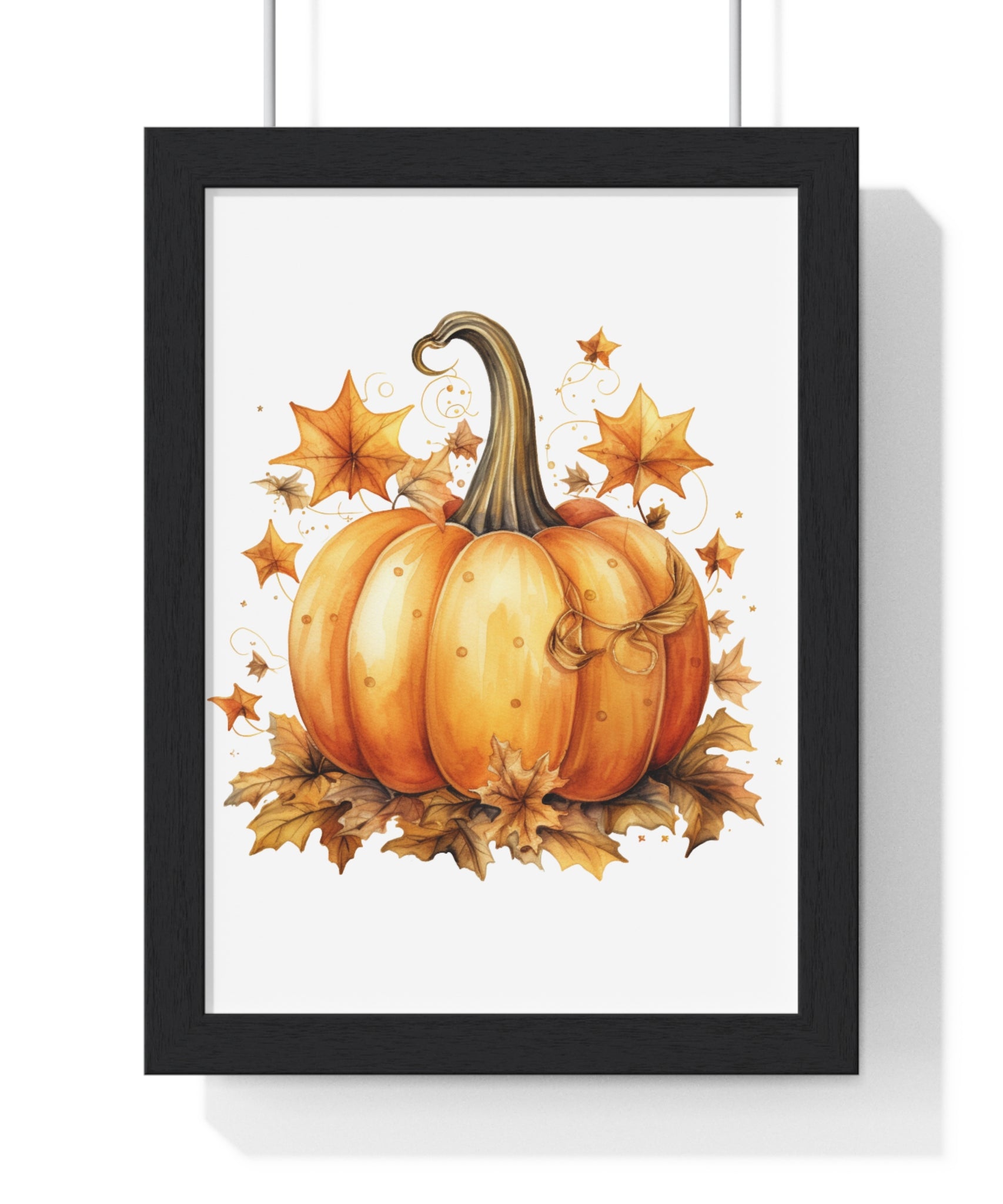 Decorative Autumn Pumpkin Wall Art – Bow-Tied Harvest Poster with Leaves & Swirls | Wooden Frame Fall Decor