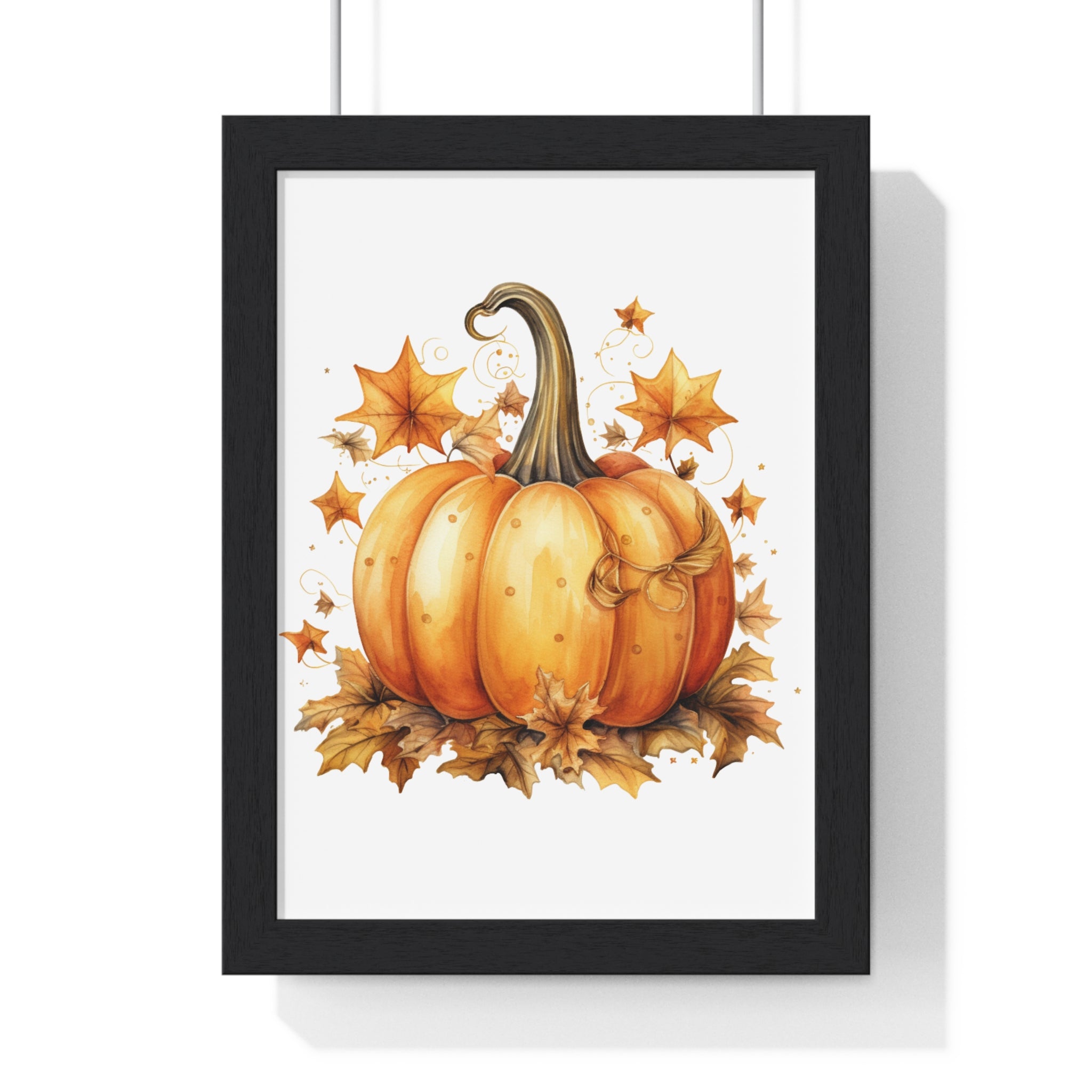 Decorative Autumn Pumpkin Wall Art – Bow-Tied Harvest Poster with Leaves & Swirls | Wooden Frame Fall Decor