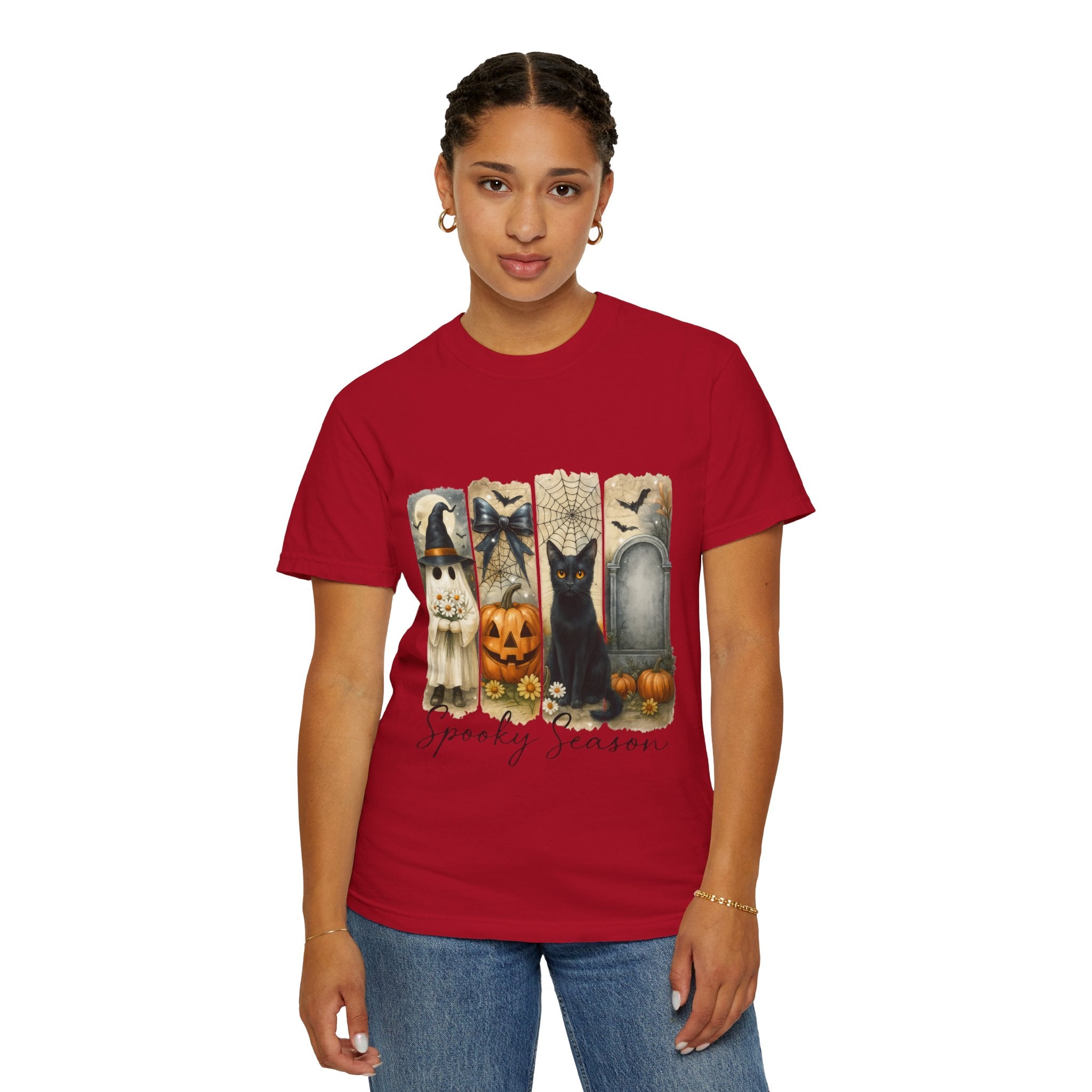 Spooky Season Halloween Unisex T-Shirt – Ghost, Black Cat & Pumpkin Design