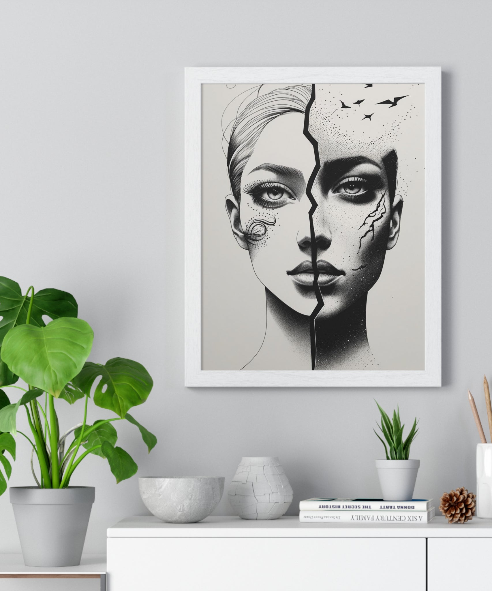 Vertical Framed Poster, Artistic Split Face Poster, Abstract Wall Art, Modern Home Decor, Unique Gift for Art Lovers, Stylish Room - Gallory Hive