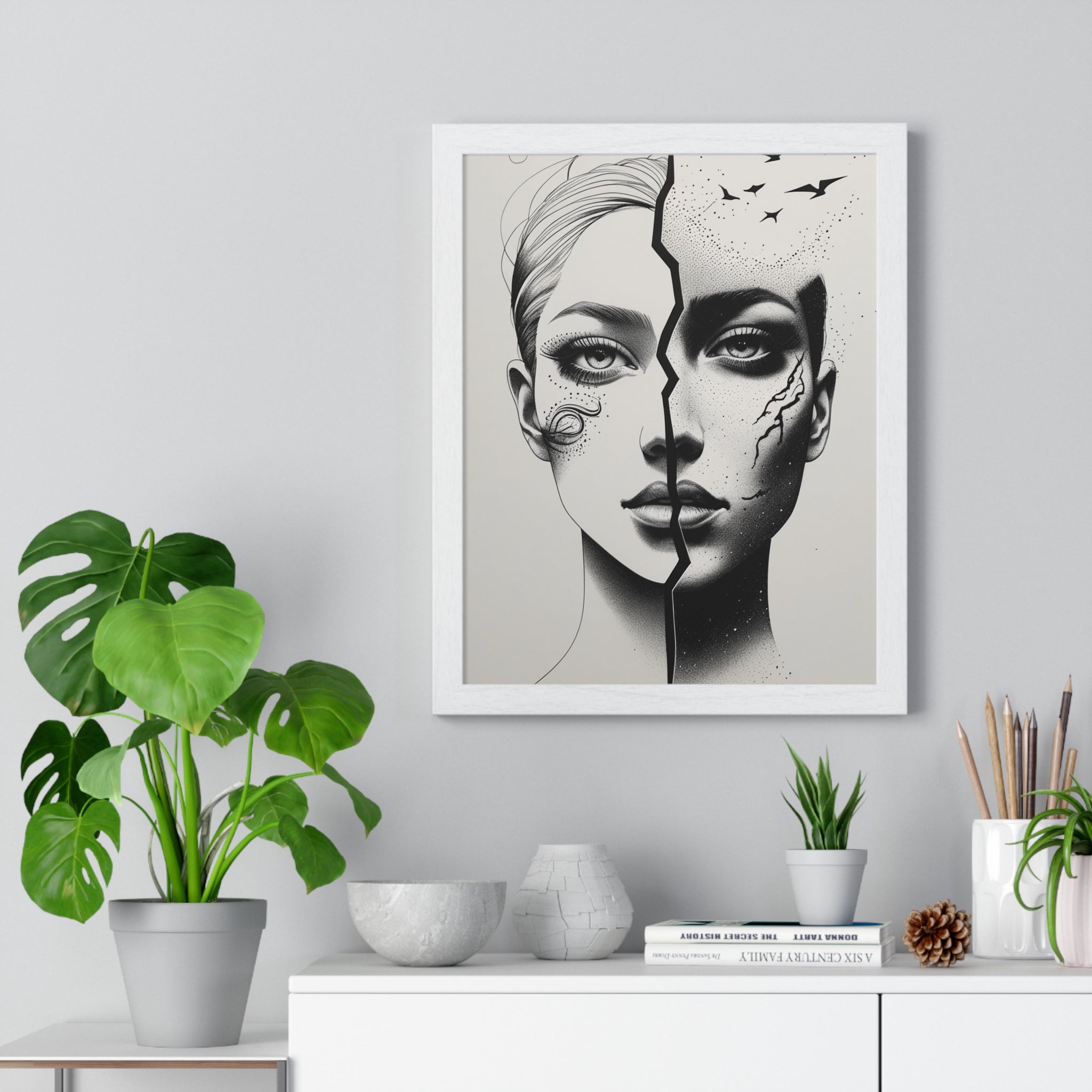 Vertical Framed Poster, Artistic Split Face Poster, Abstract Wall Art, Modern Home Decor, Unique Gift for Art Lovers, Stylish Room