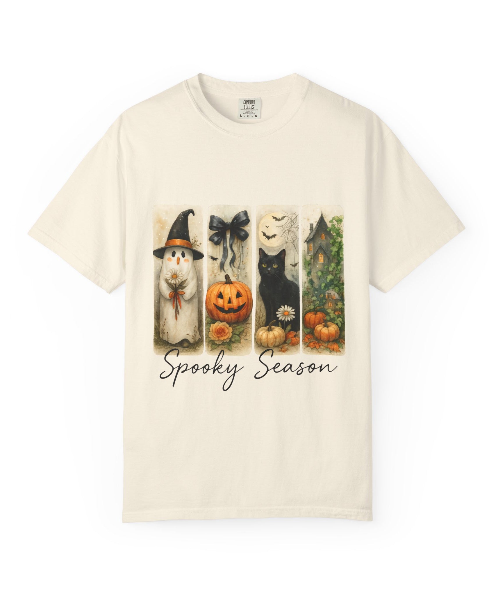 Vintage Halloween Unisex T-Shirt – Cute Ghost, Black Cat, Pumpkin & Haunted House Art - Gallory Hive