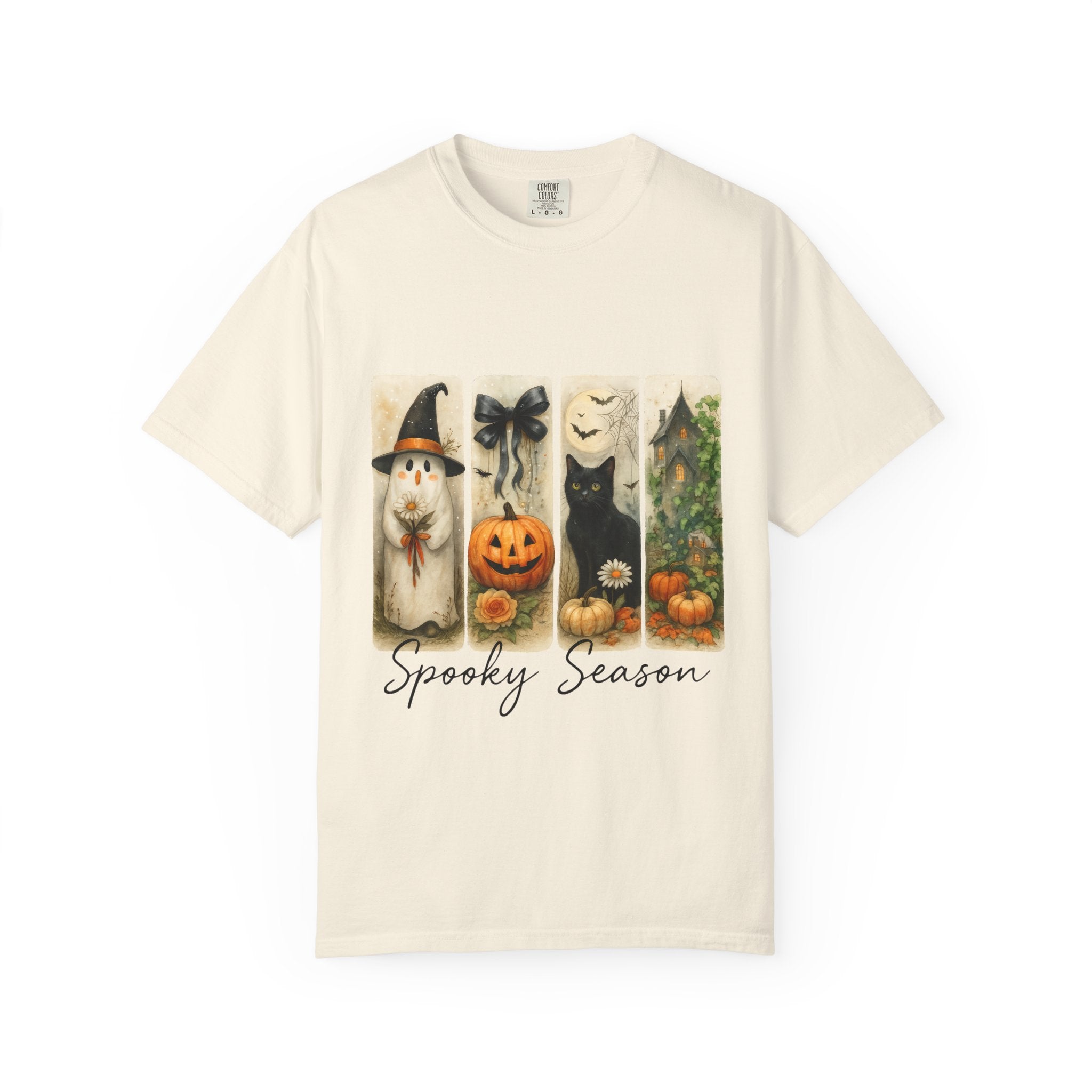 Vintage Halloween Unisex T-Shirt – Cute Ghost, Black Cat, Pumpkin & Haunted House Art