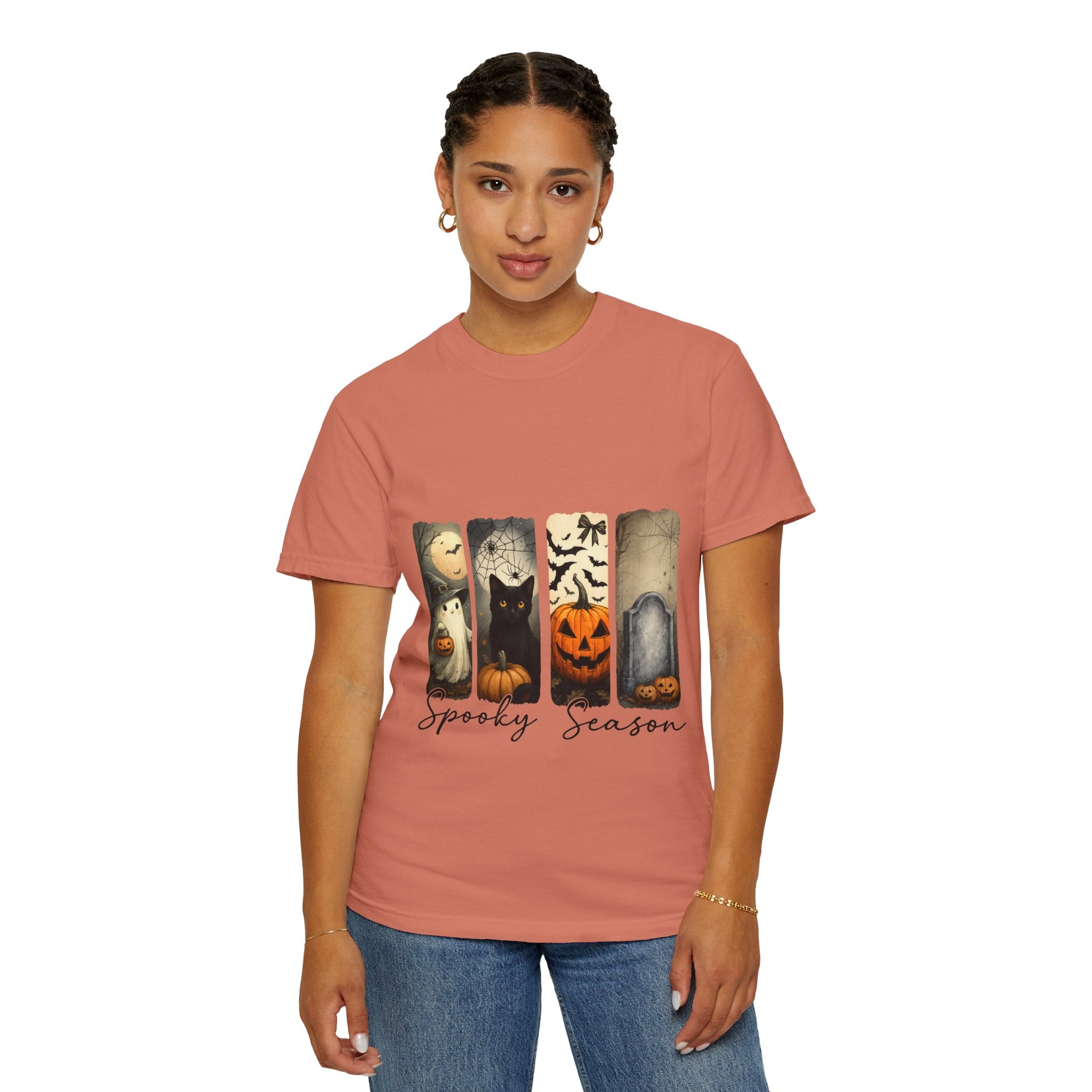 Halloween Night Unisex T-Shirt – Ghost, Black Cat, Pumpkin & Tombstone Vintage Art