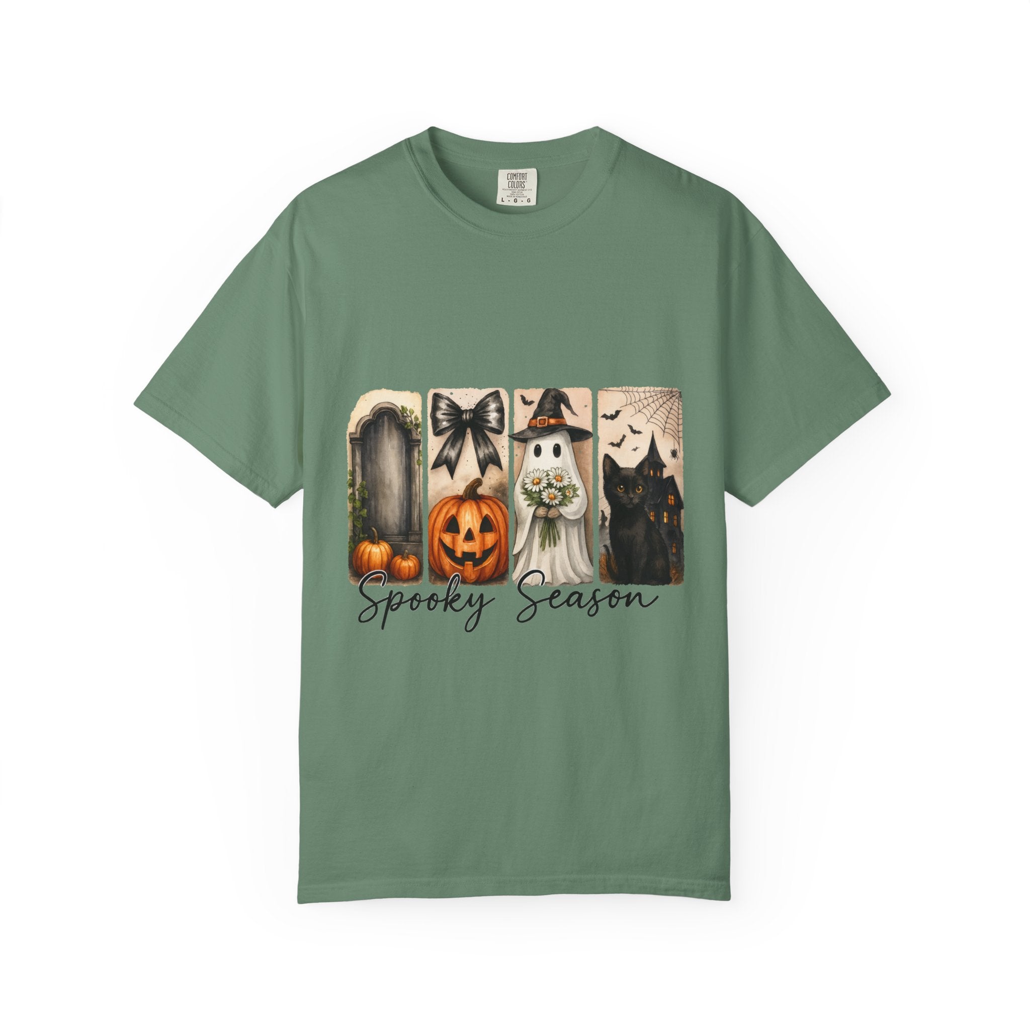 Spooky Season Unisex Halloween T-Shirt – Ghost, Black Cat, Pumpkin & Haunted House Art