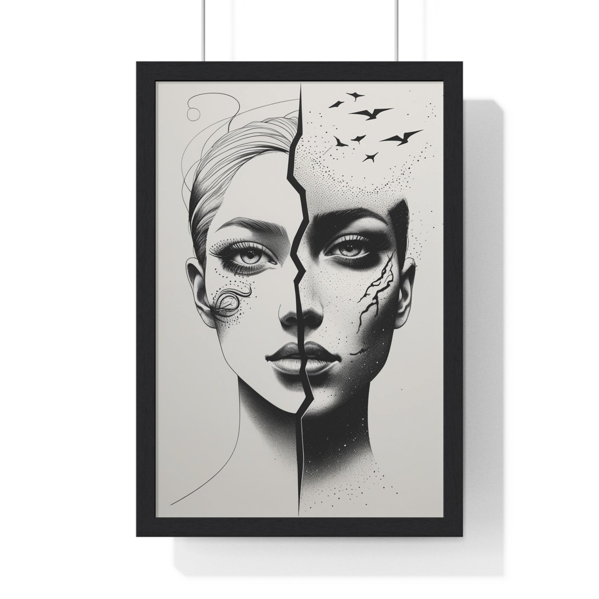 Vertical Framed Poster, Artistic Split Face Poster, Abstract Wall Art, Modern Home Decor, Unique Gift for Art Lovers, Stylish Room