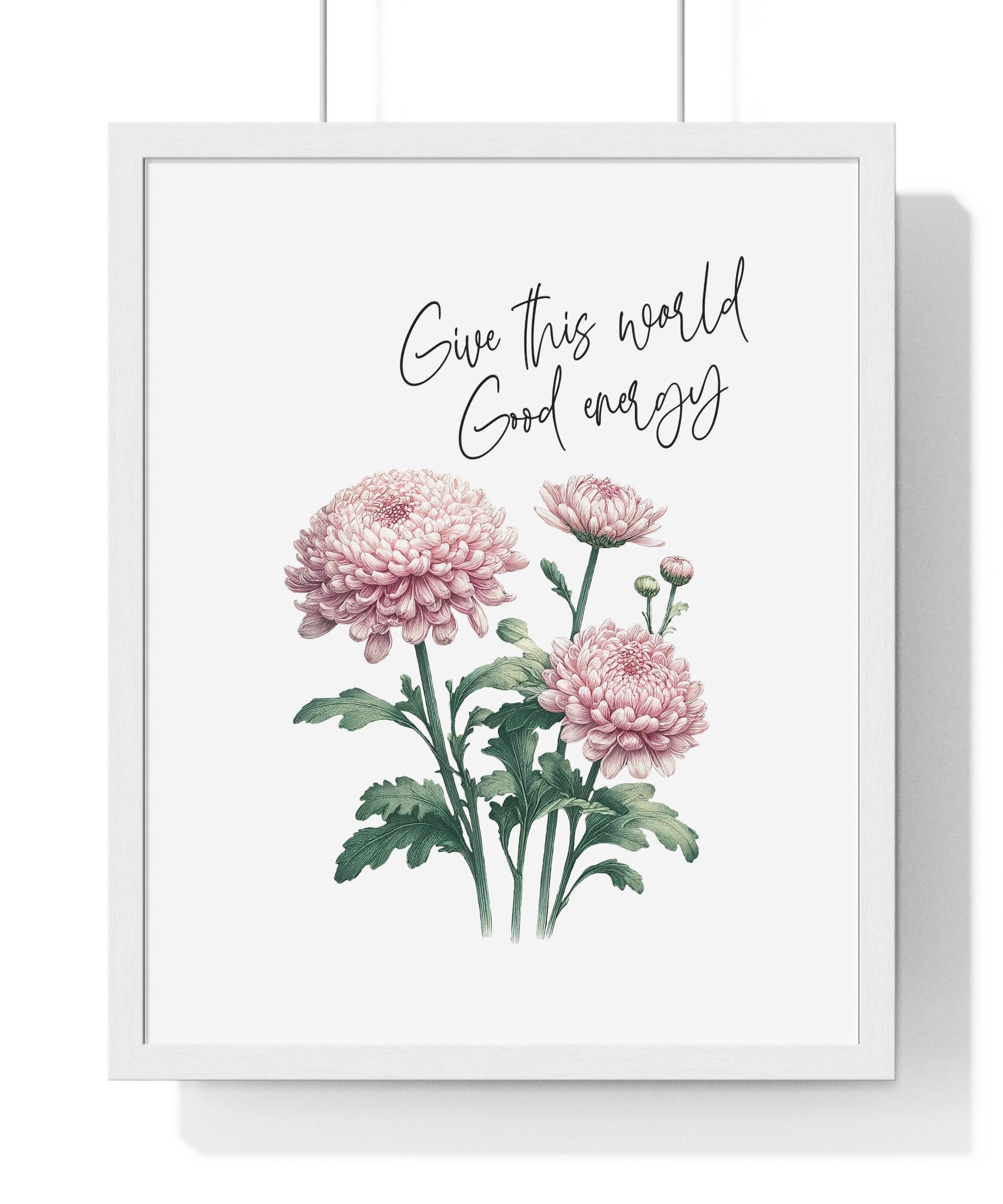 November Birth Month Flower Wall Art – Chrysanthemum Illustration with Inspirational Quote in Wooden Frame | Good Energy & Joy