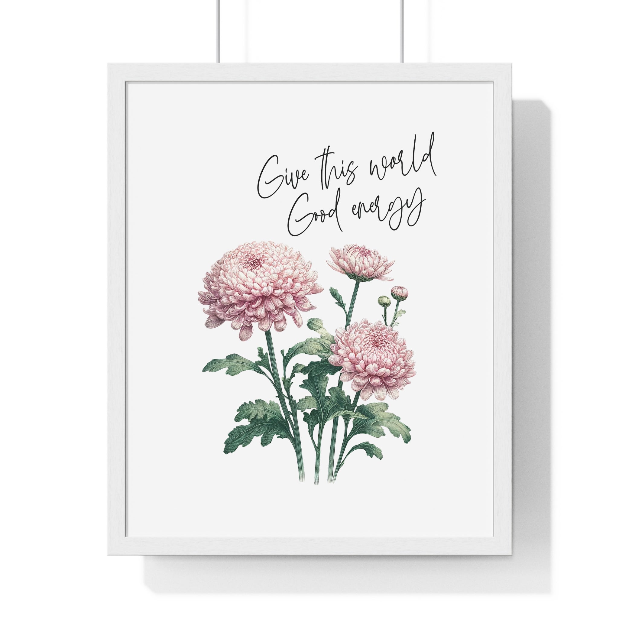 November Birth Month Flower Wall Art – Chrysanthemum Illustration with Inspirational Quote in Wooden Frame | Good Energy & Joy