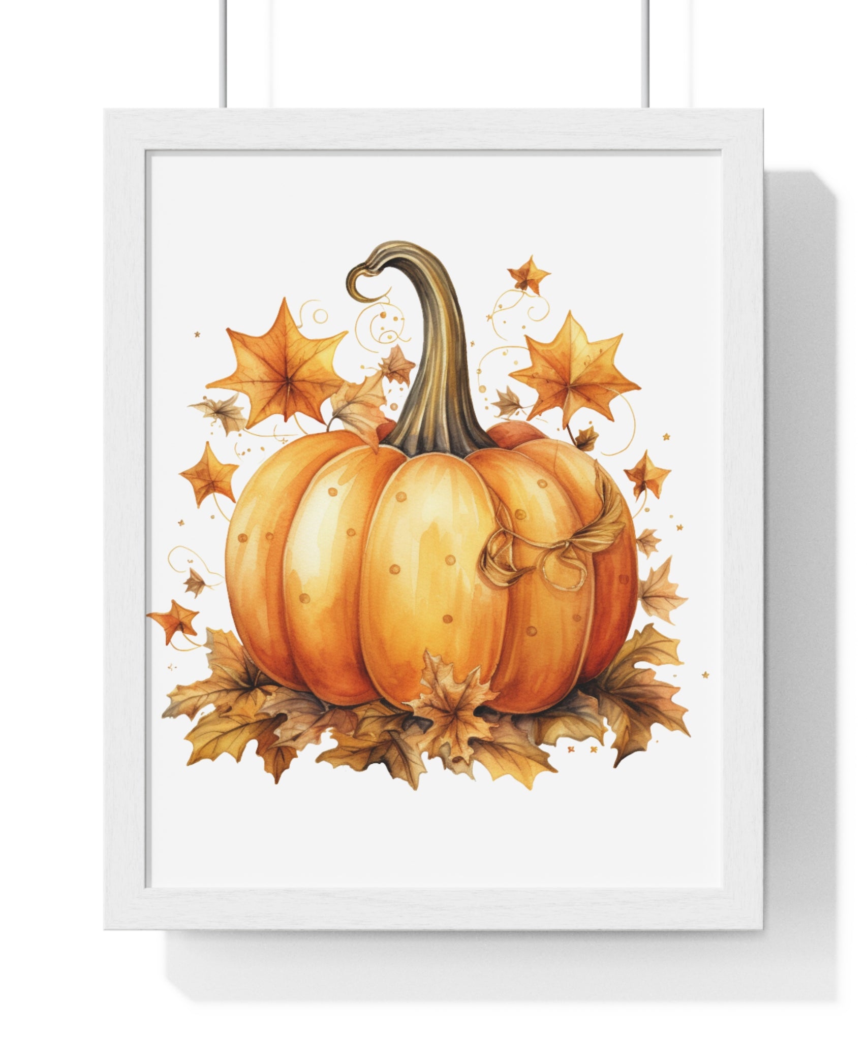 Decorative Autumn Pumpkin Wall Art – Bow-Tied Harvest Poster with Leaves & Swirls | Wooden Frame Fall Decor