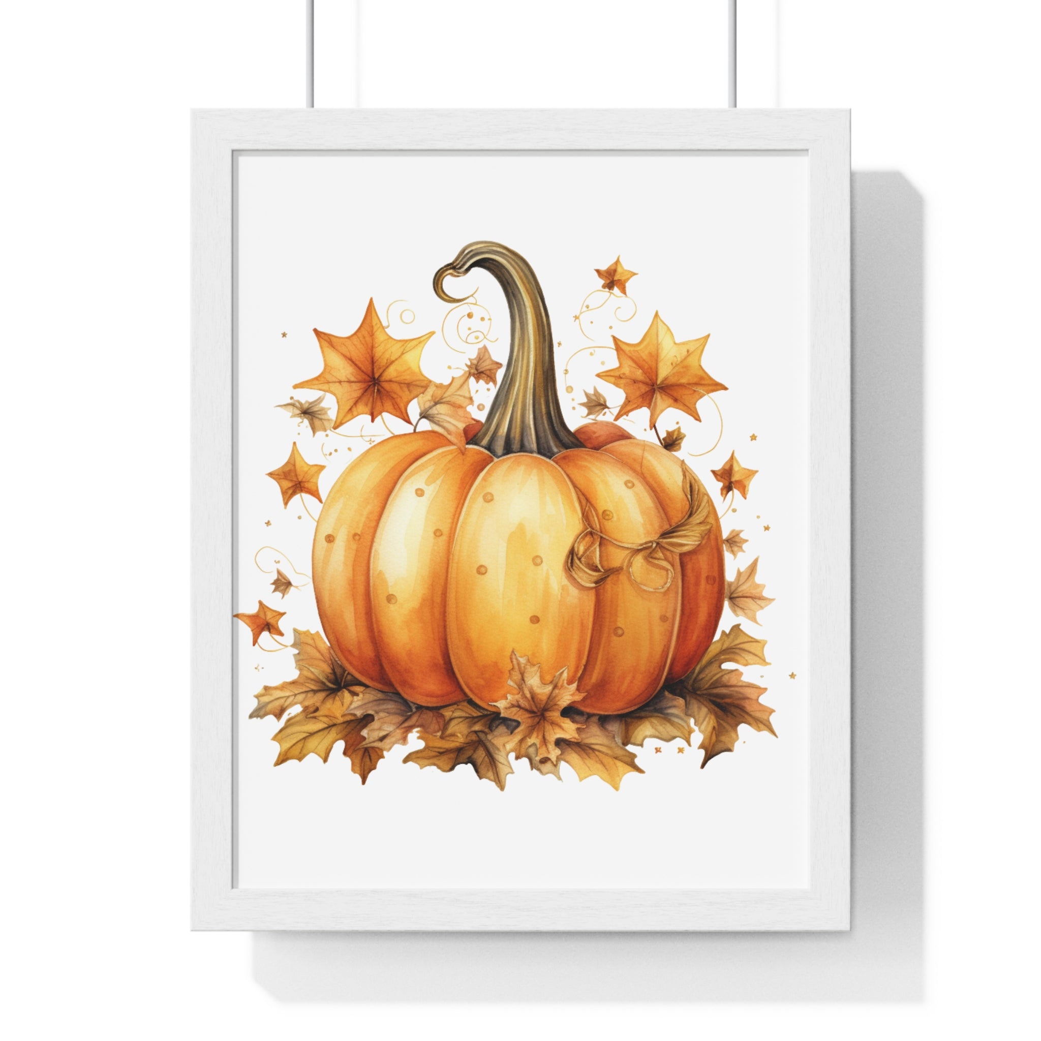Decorative Autumn Pumpkin Wall Art – Bow-Tied Harvest Poster with Leaves & Swirls | Wooden Frame Fall Decor