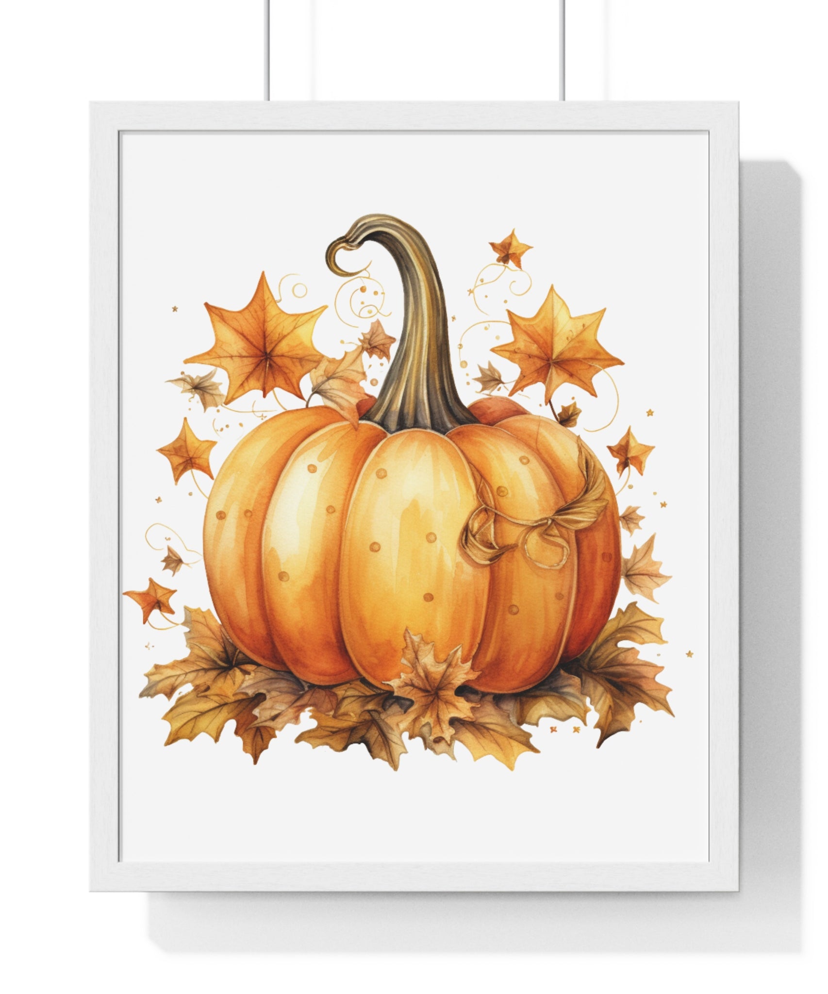 Decorative Autumn Pumpkin Wall Art – Bow-Tied Harvest Poster with Leaves & Swirls | Wooden Frame Fall Decor
