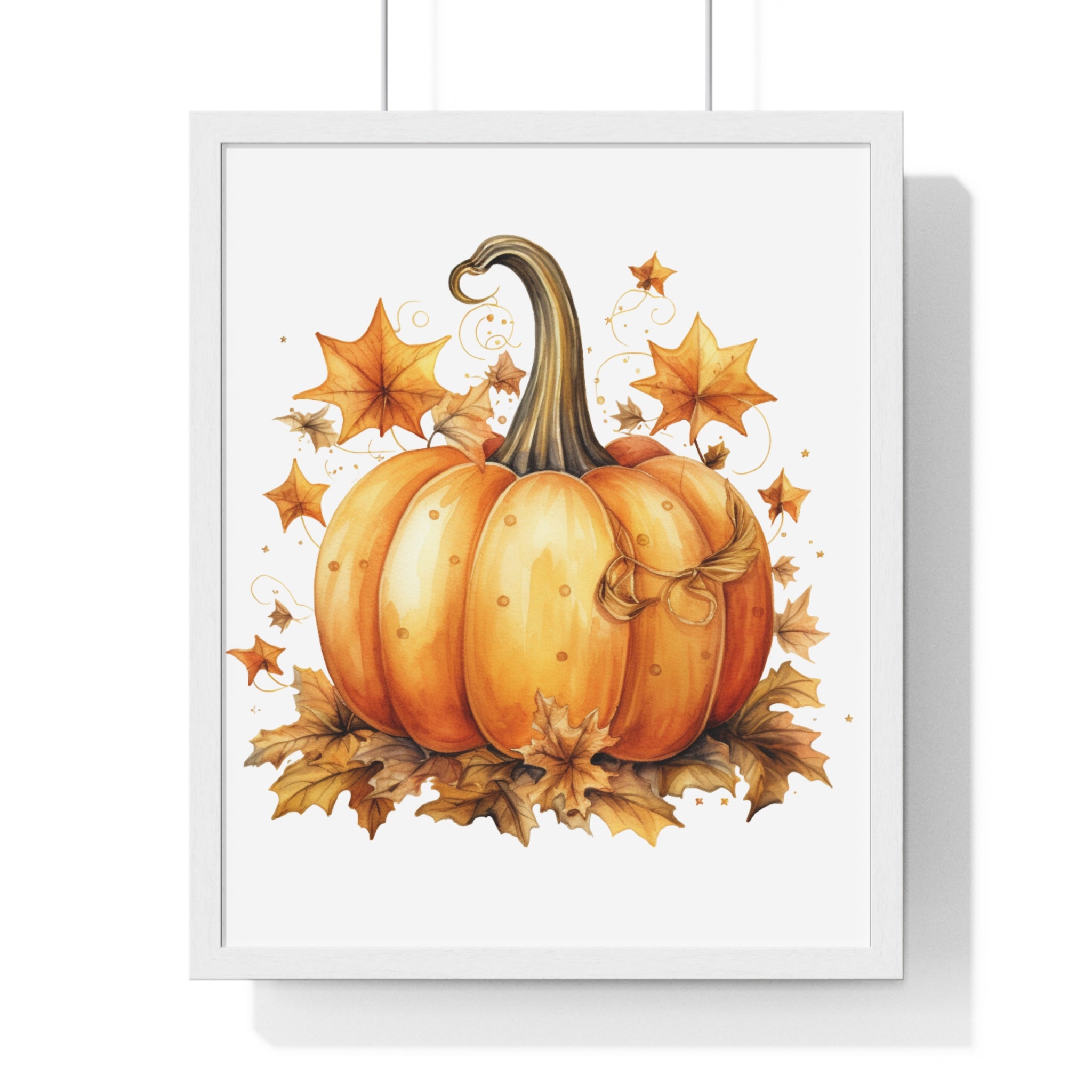Decorative Autumn Pumpkin Wall Art – Bow-Tied Harvest Poster with Leaves & Swirls | Wooden Frame Fall Decor