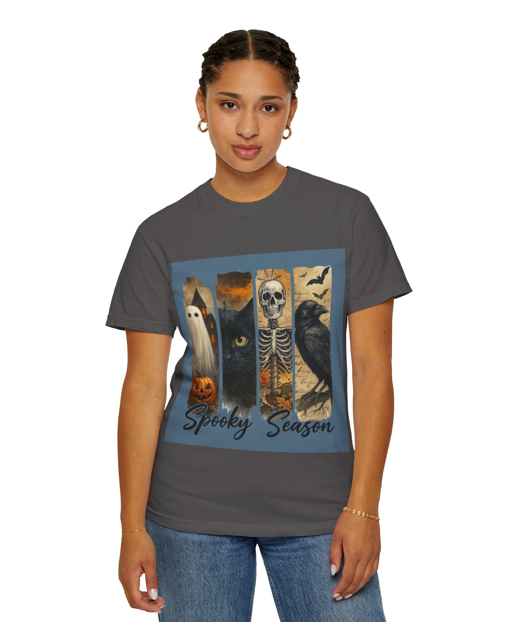 Spooky Season Gothic Halloween T-Shirt – Ghost, Black Cat, Skeleton & Raven Design - Gallory Hive
