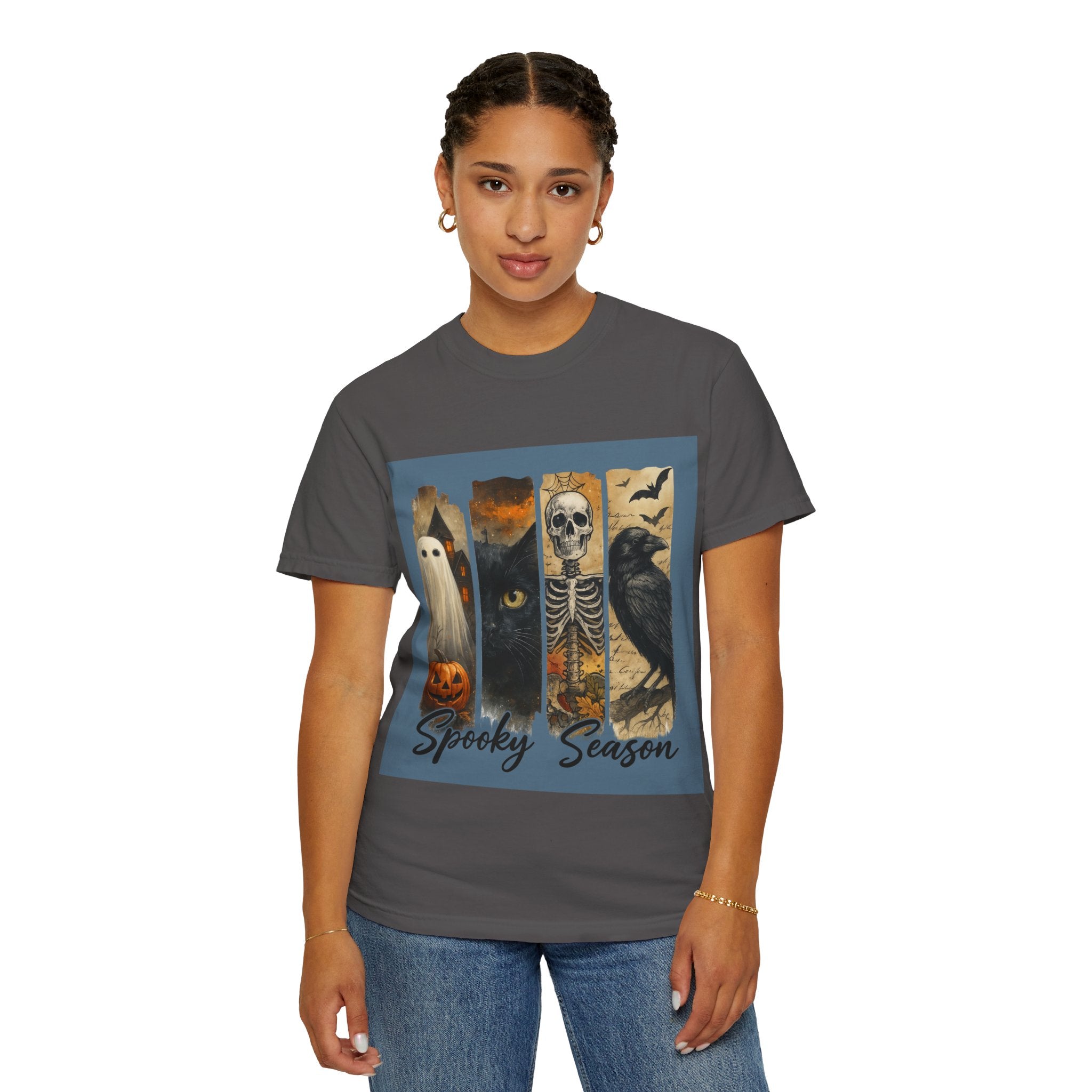 Spooky Season Gothic Halloween T-Shirt – Ghost, Black Cat, Skeleton & Raven Design