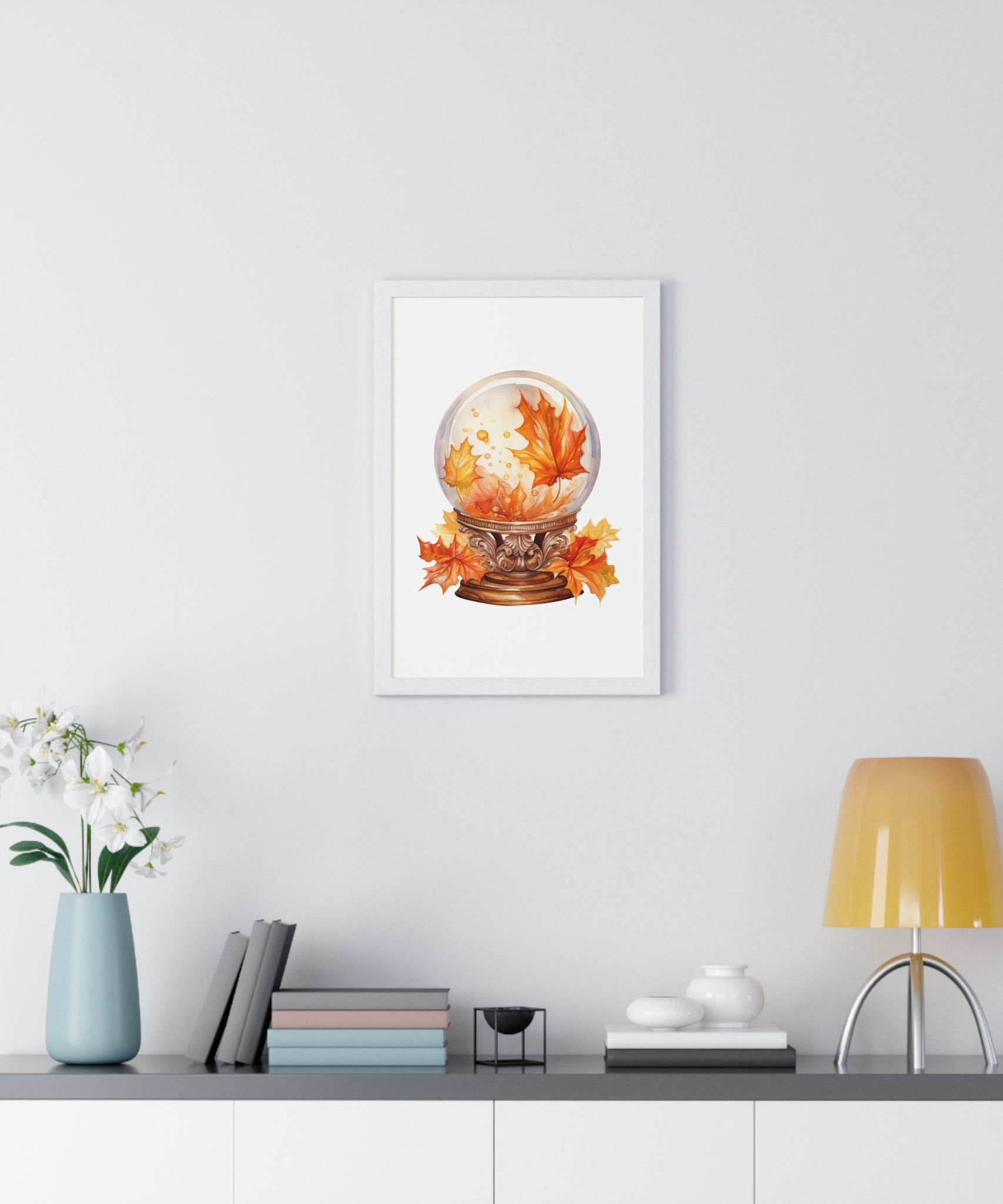 Floating Leaves Snow Globe Wall Art – Ornate Autumn Fantasy Poster | Wooden Frame Seasonal Home Decor
