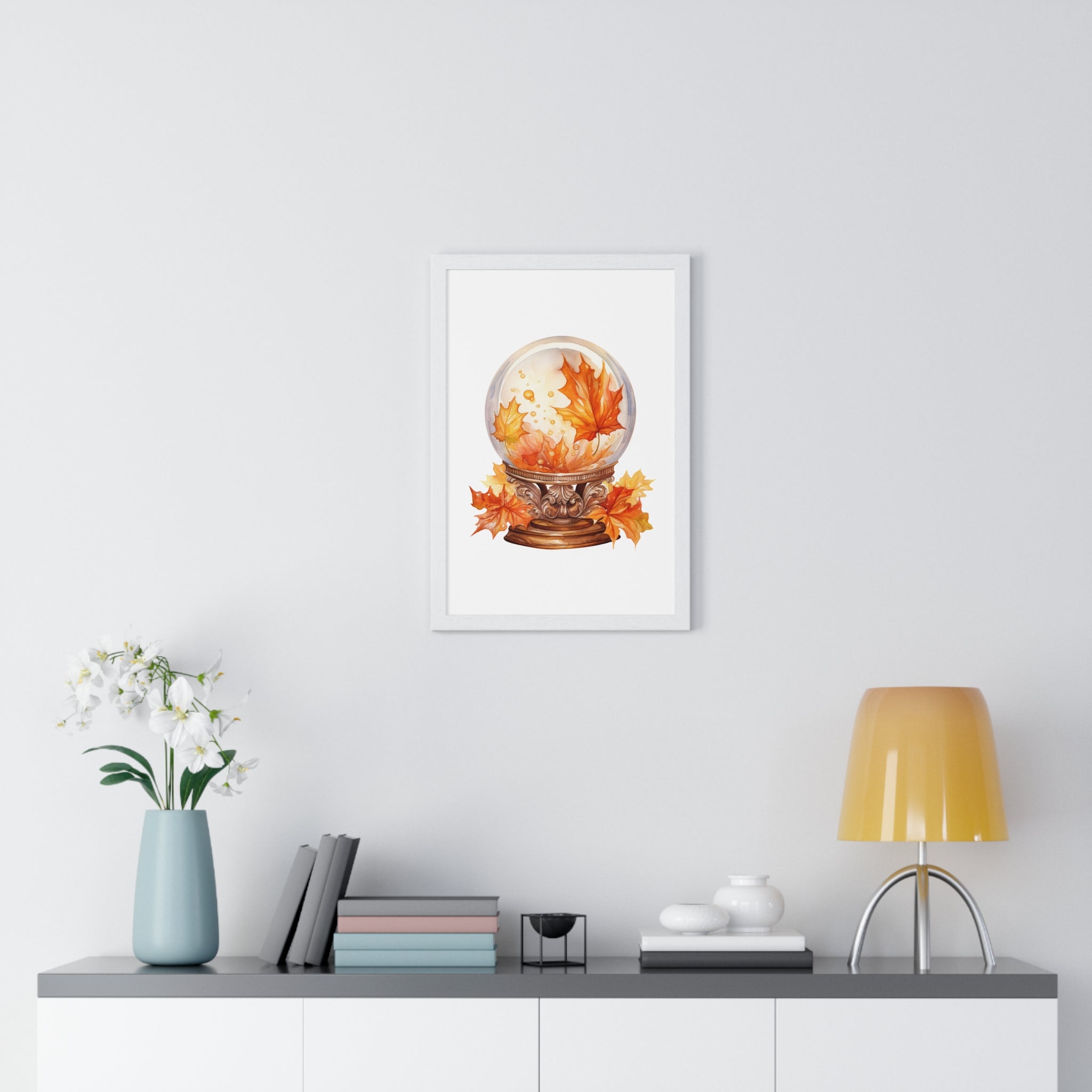Floating Leaves Snow Globe Wall Art – Ornate Autumn Fantasy Poster | Wooden Frame Seasonal Home Decor