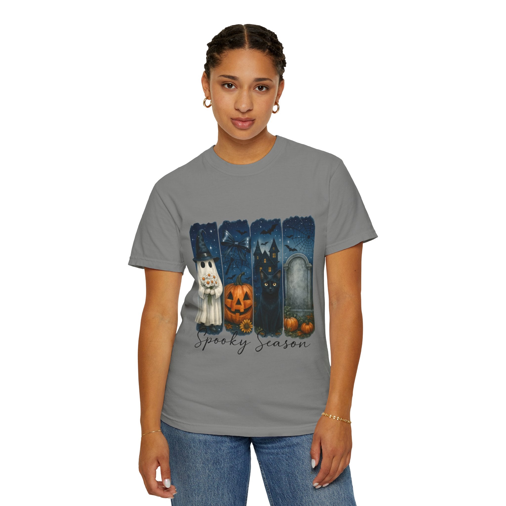 Spooky Season Halloween T-Shirt – Ghost, Black Cat, Pumpkin & Haunted House Design