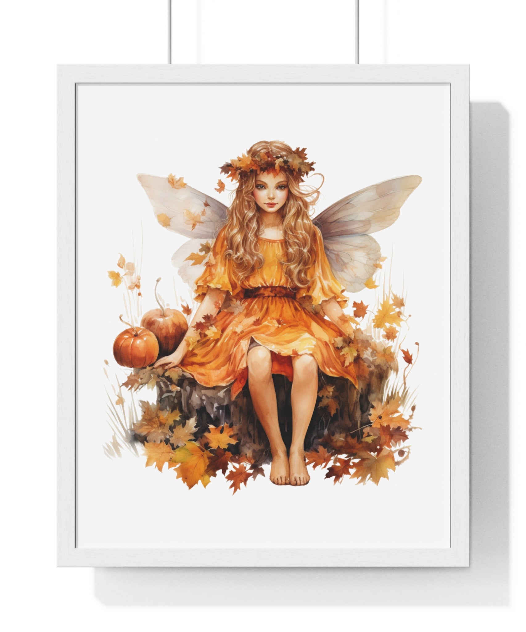 Fall Fairy Wall Art – Orange Dress Woodland Fairy with Pumpkins | Wooden Frame Poster for Autumn Home Decor