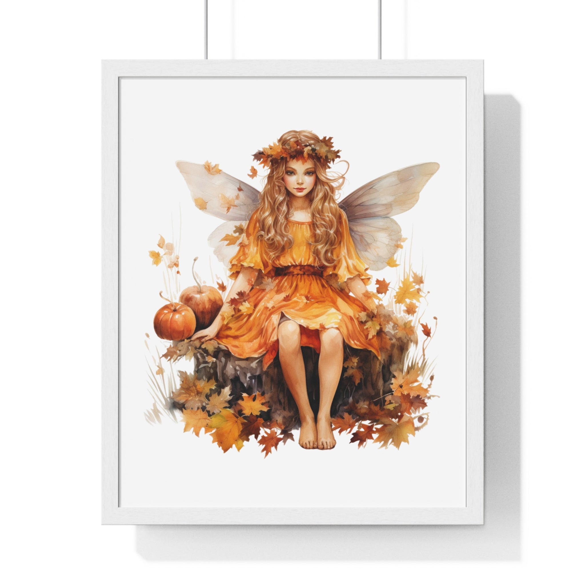 Fall Fairy Wall Art – Orange Dress Woodland Fairy with Pumpkins | Wooden Frame Poster for Autumn Home Decor