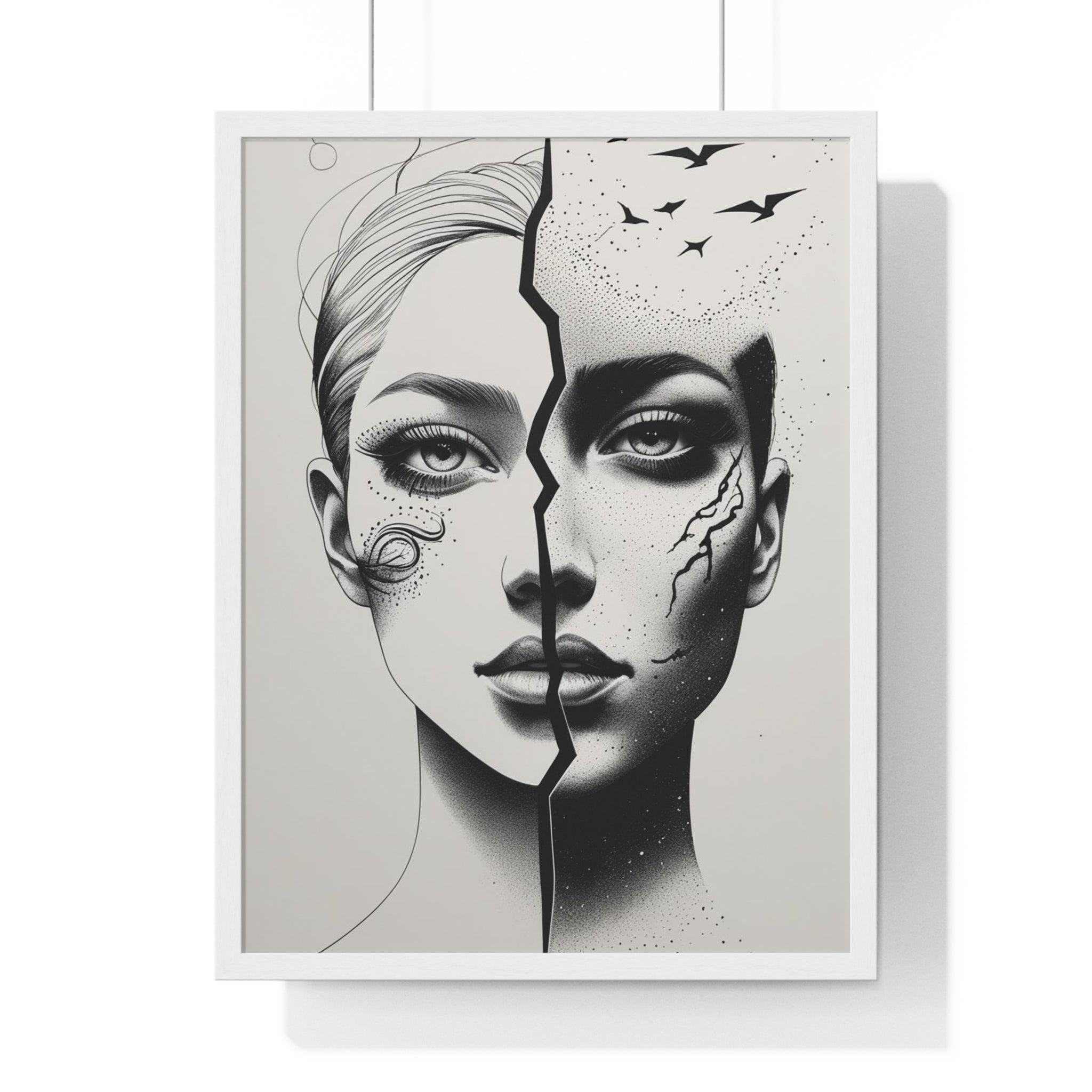Vertical Framed Poster, Artistic Split Face Poster, Abstract Wall Art, Modern Home Decor, Unique Gift for Art Lovers, Stylish Room