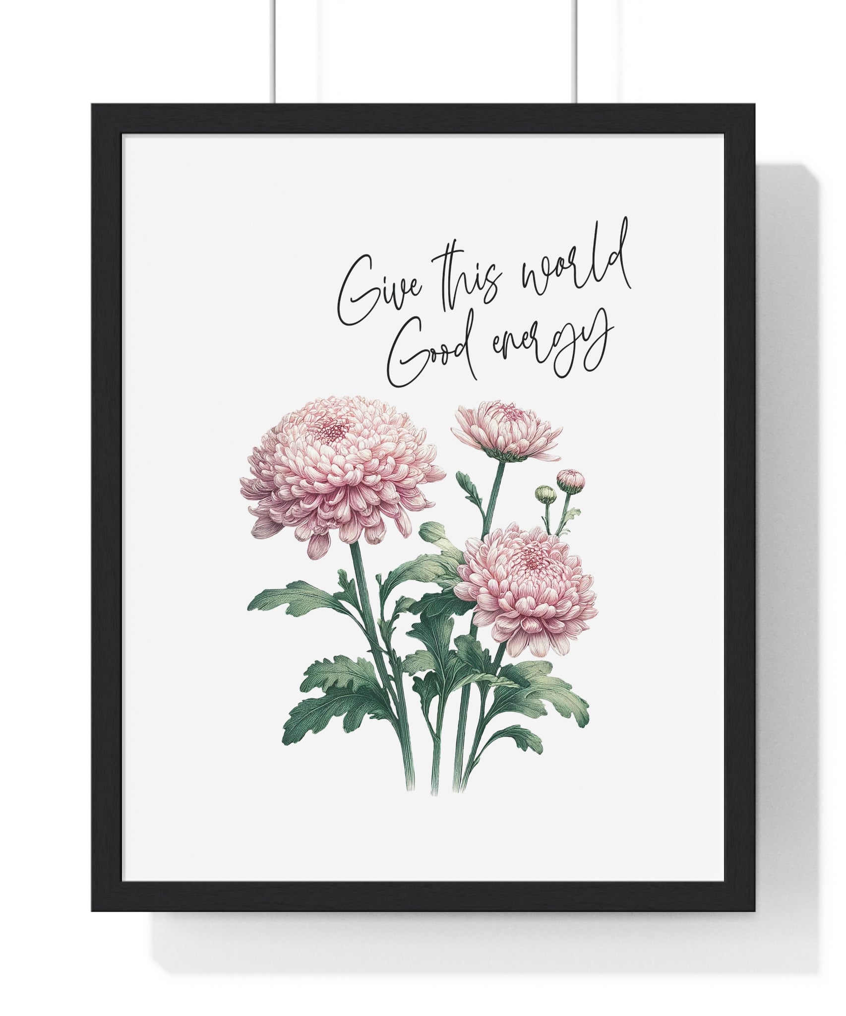 November Birth Month Flower Wall Art – Chrysanthemum Illustration with Inspirational Quote in Wooden Frame | Good Energy & Joy