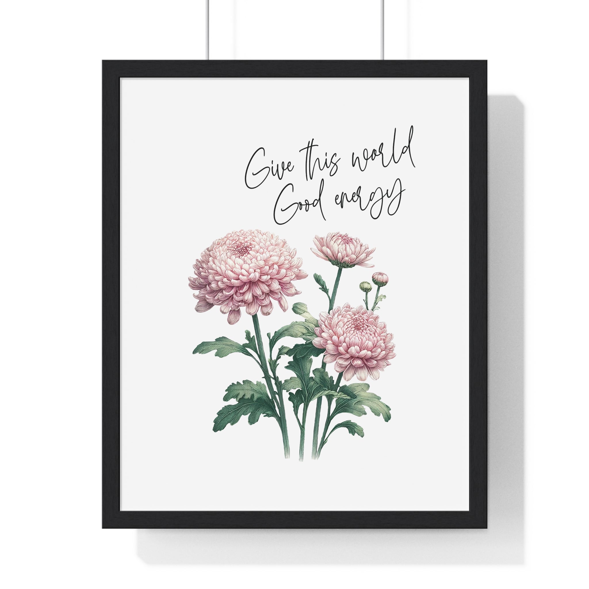 November Birth Month Flower Wall Art – Chrysanthemum Illustration with Inspirational Quote in Wooden Frame | Good Energy & Joy