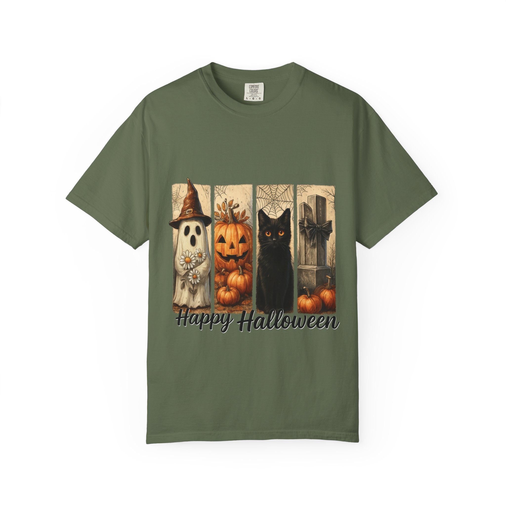 Happy Halloween Unisex T-Shirt – Ghost, Black Cat & Pumpkin Graphic Tee