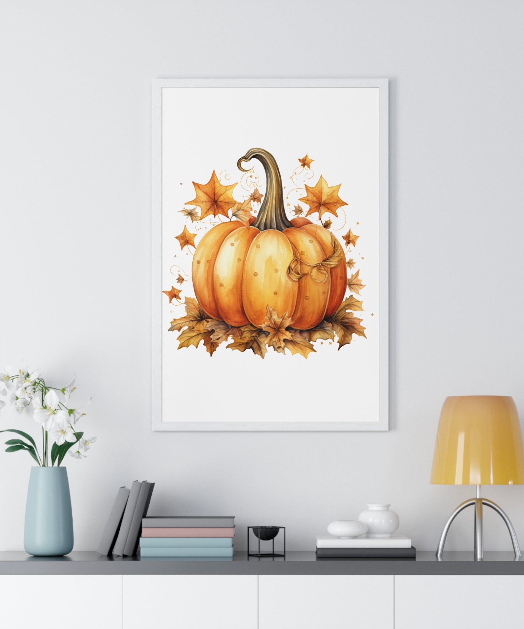 Decorative Autumn Pumpkin Wall Art – Bow-Tied Harvest Poster with Leaves & Swirls | Wooden Frame Fall Decor