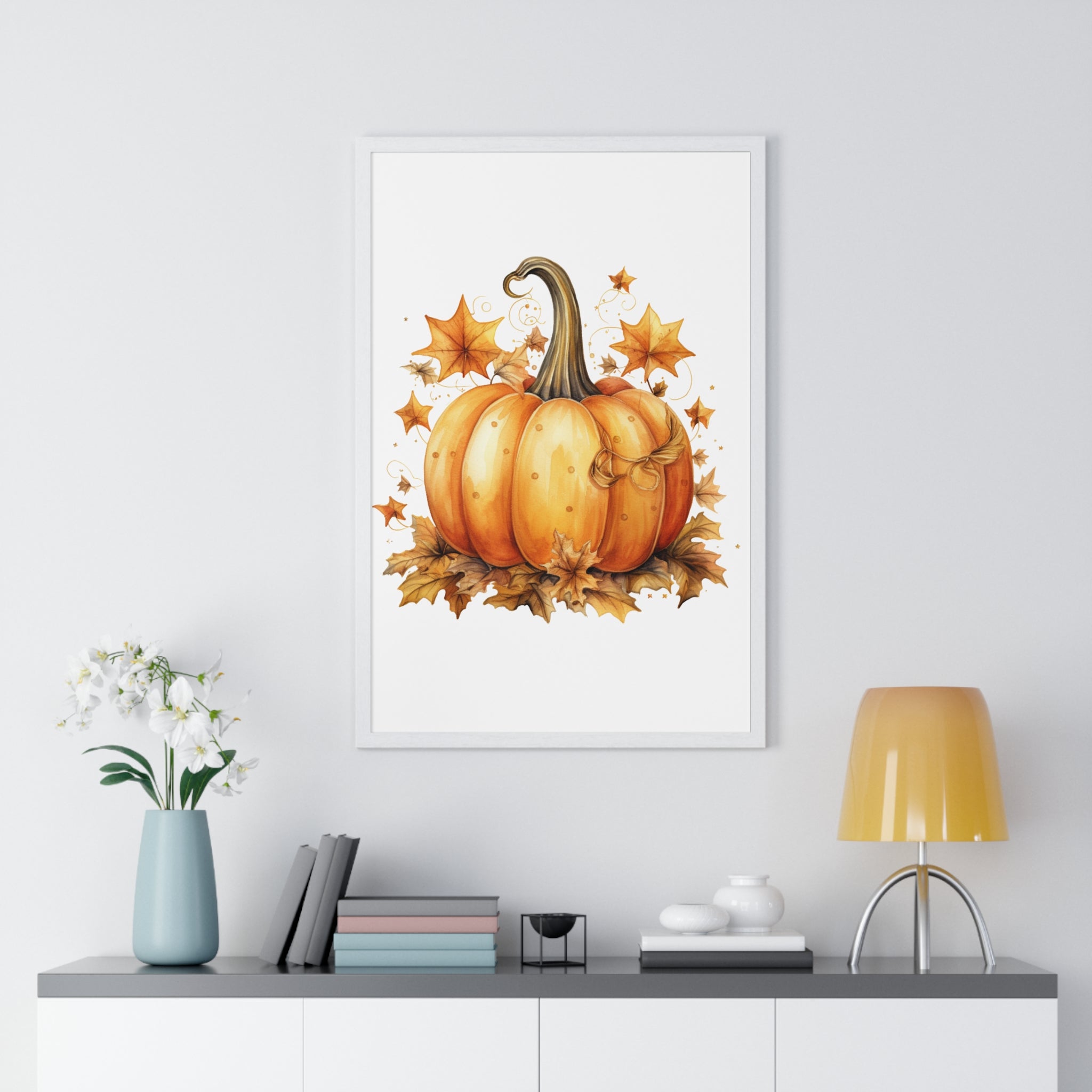 Decorative Autumn Pumpkin Wall Art – Bow-Tied Harvest Poster with Leaves & Swirls | Wooden Frame Fall Decor