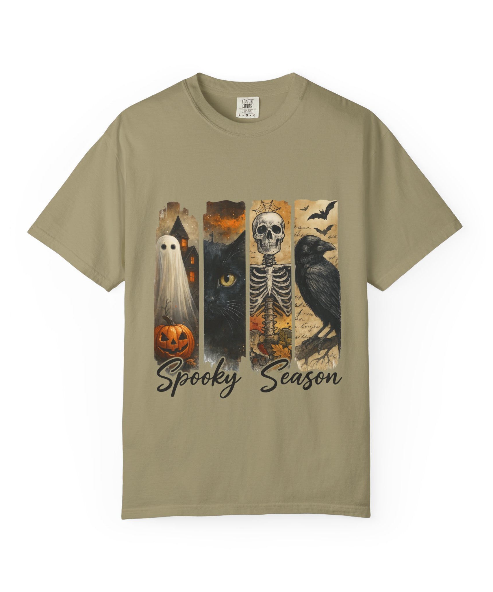 Spooky Season Gothic Halloween T-Shirt – Ghost, Black Cat, Skeleton & Raven Design - Gallory Hive